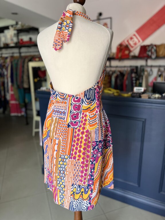 Włoska sukienka vintage High Fashion Firenze – bawełniana, kopertowy fason – lato – rozmiar M/L – wzorzysta, z guzikami po bokach – styl 60. (2)