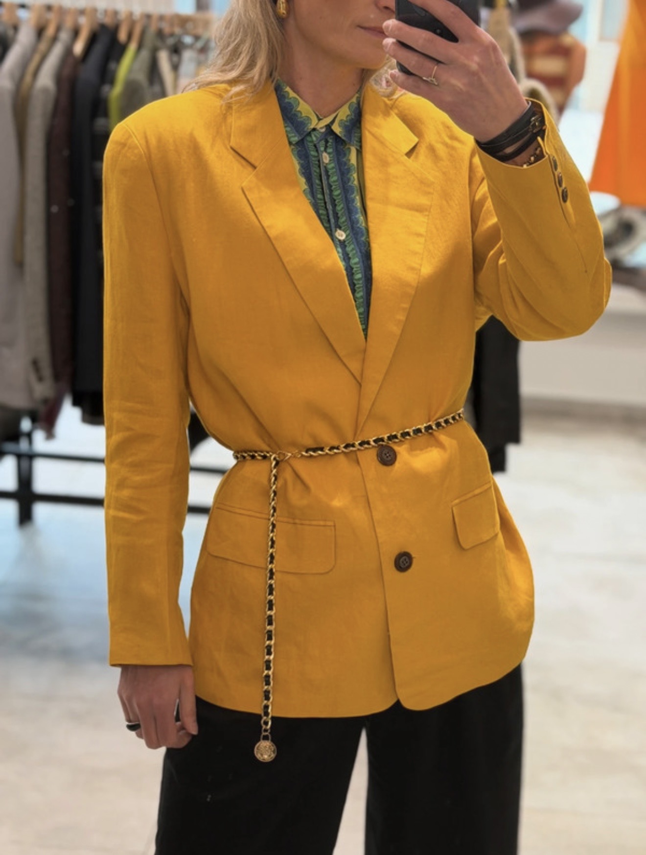 Lniany żakiet vintage Lauren Alexandra 100% len żółty M/L (3)
