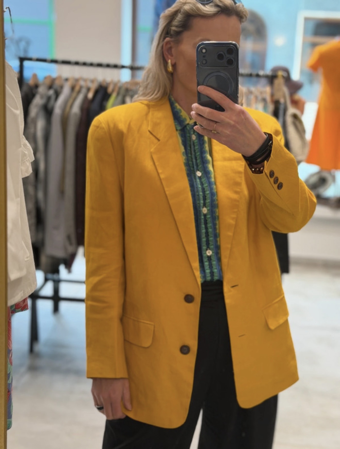 Lniany żakiet vintage Lauren Alexandra 100% len żółty M/L (5)