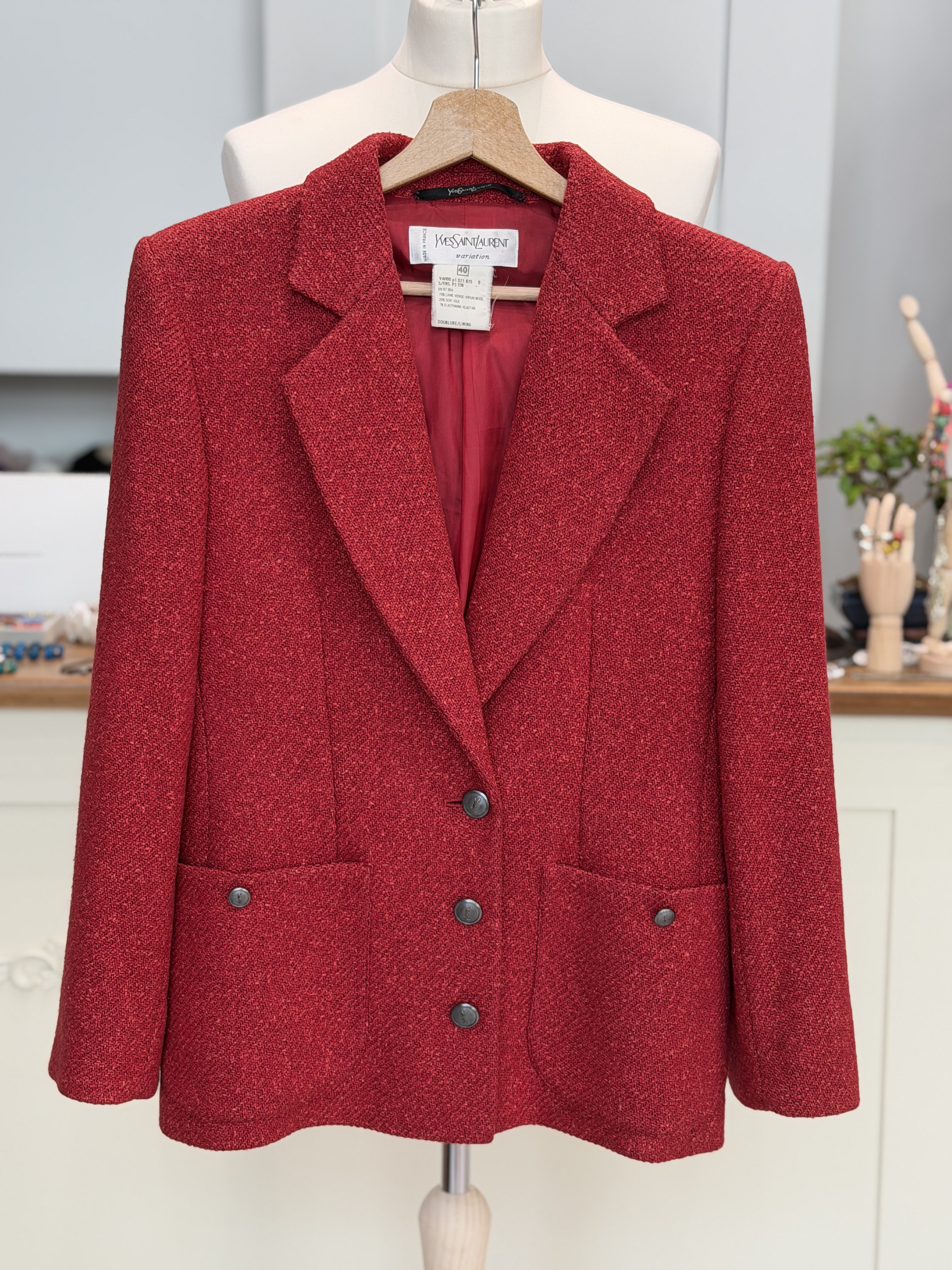 Yves Saint Laurent Variation żakiet vintage wełna jedwab bordo Made in France 40 (10)