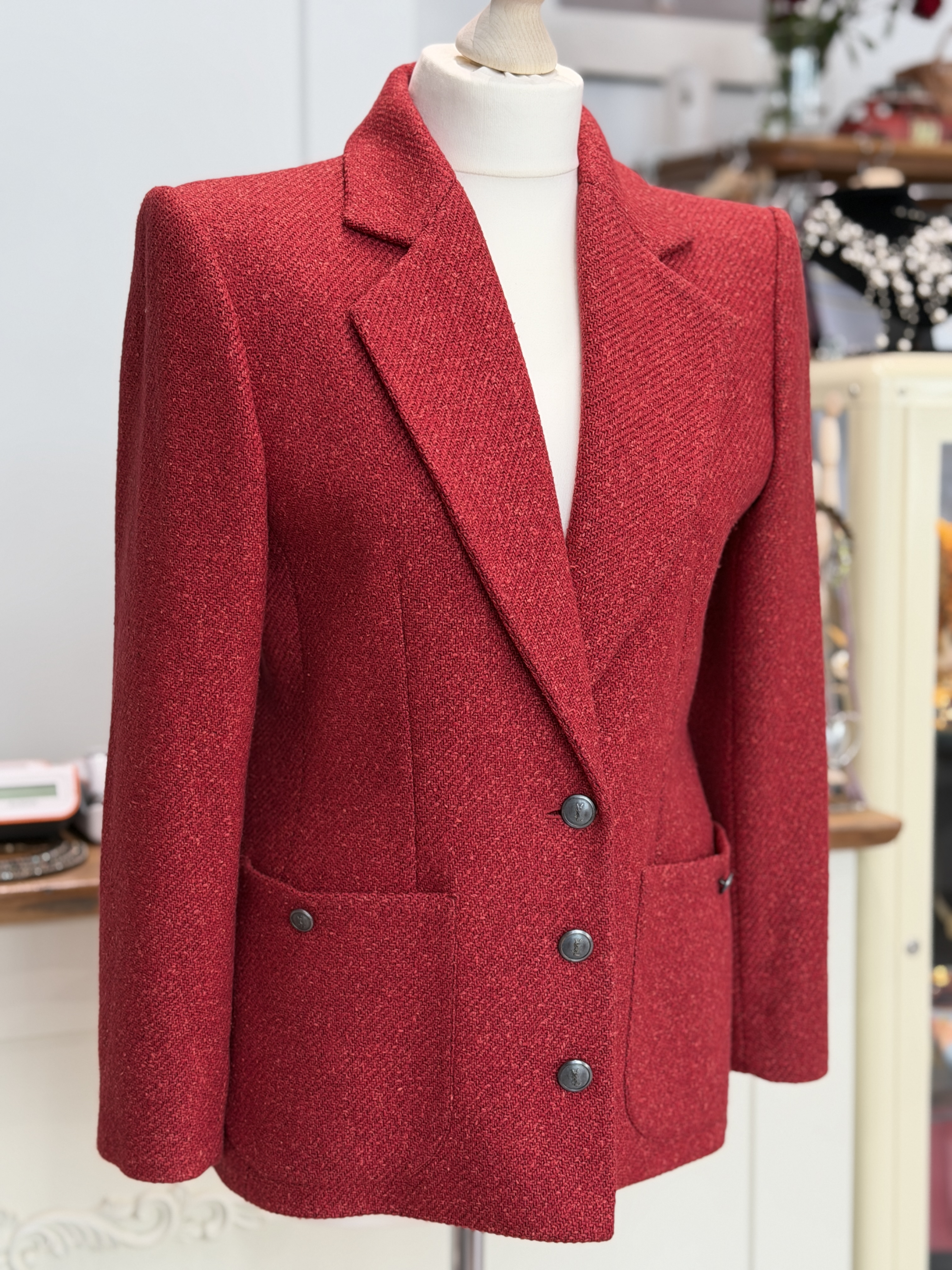 Yves Saint Laurent Variation żakiet vintage wełna jedwab bordo Made in France 40