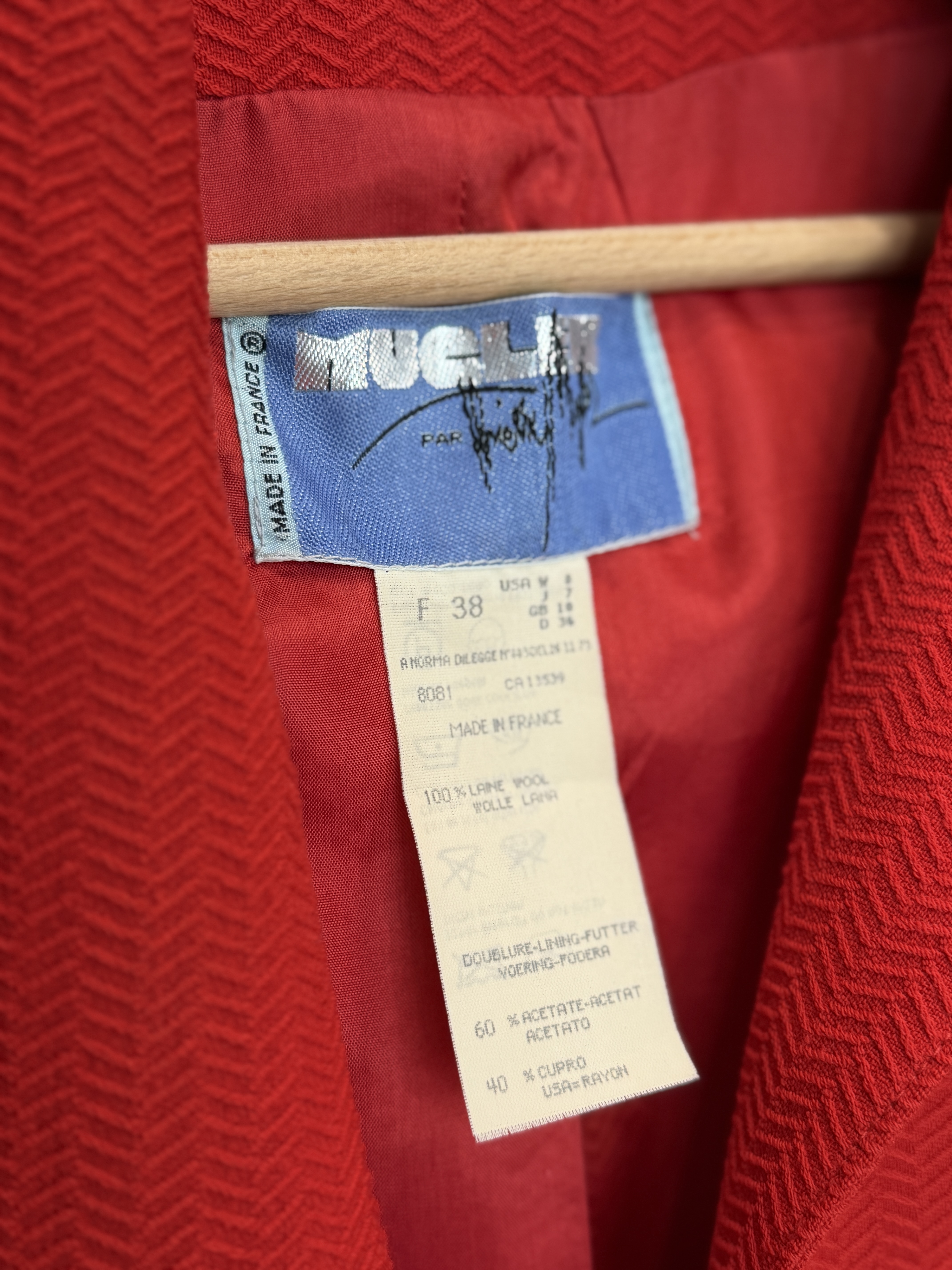 Thierry Mugler Paris czerwony wełniany żakiet Made in France vintage XS S (8)