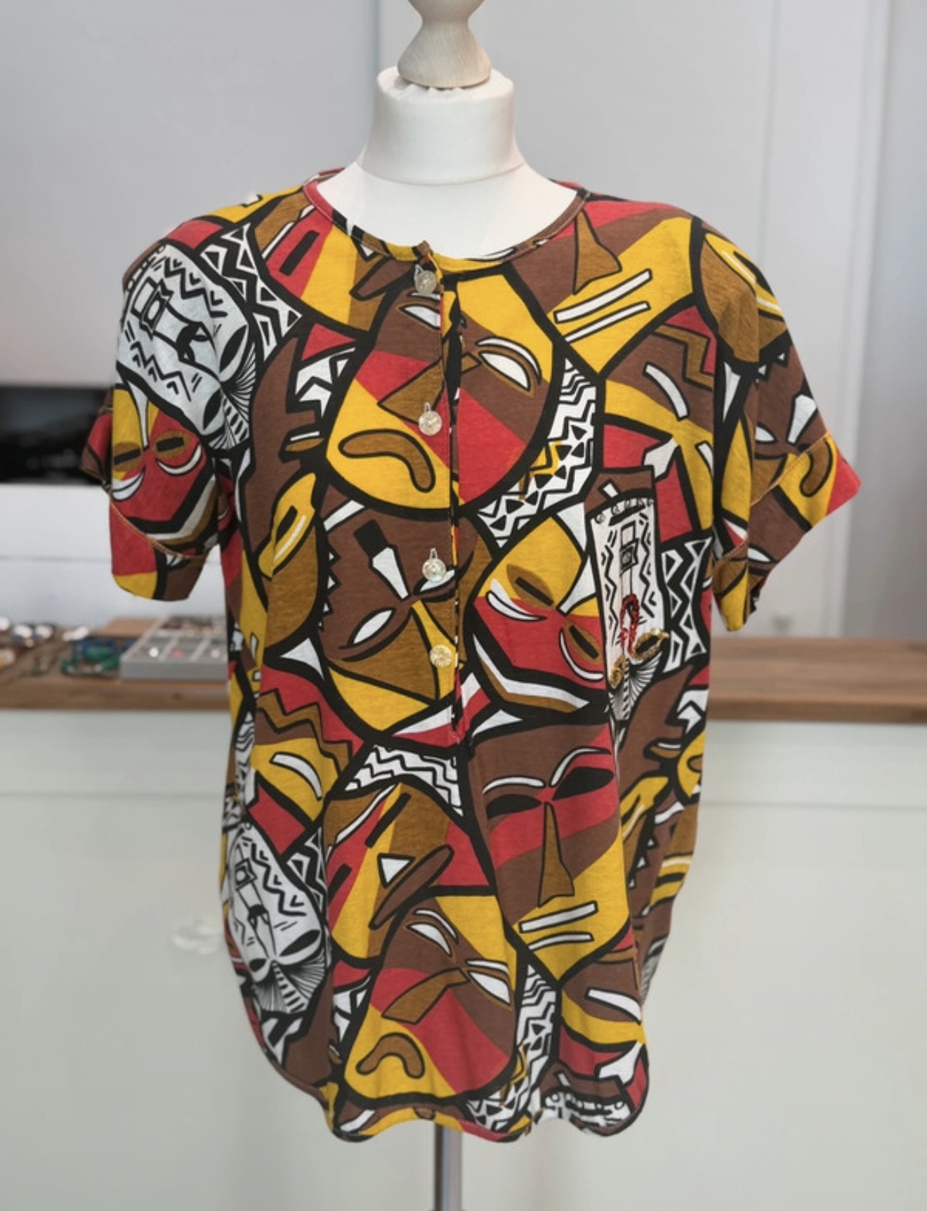 Włoska bluzka vintage 100% bawełna maski etniczny print lata 90 XL xxl