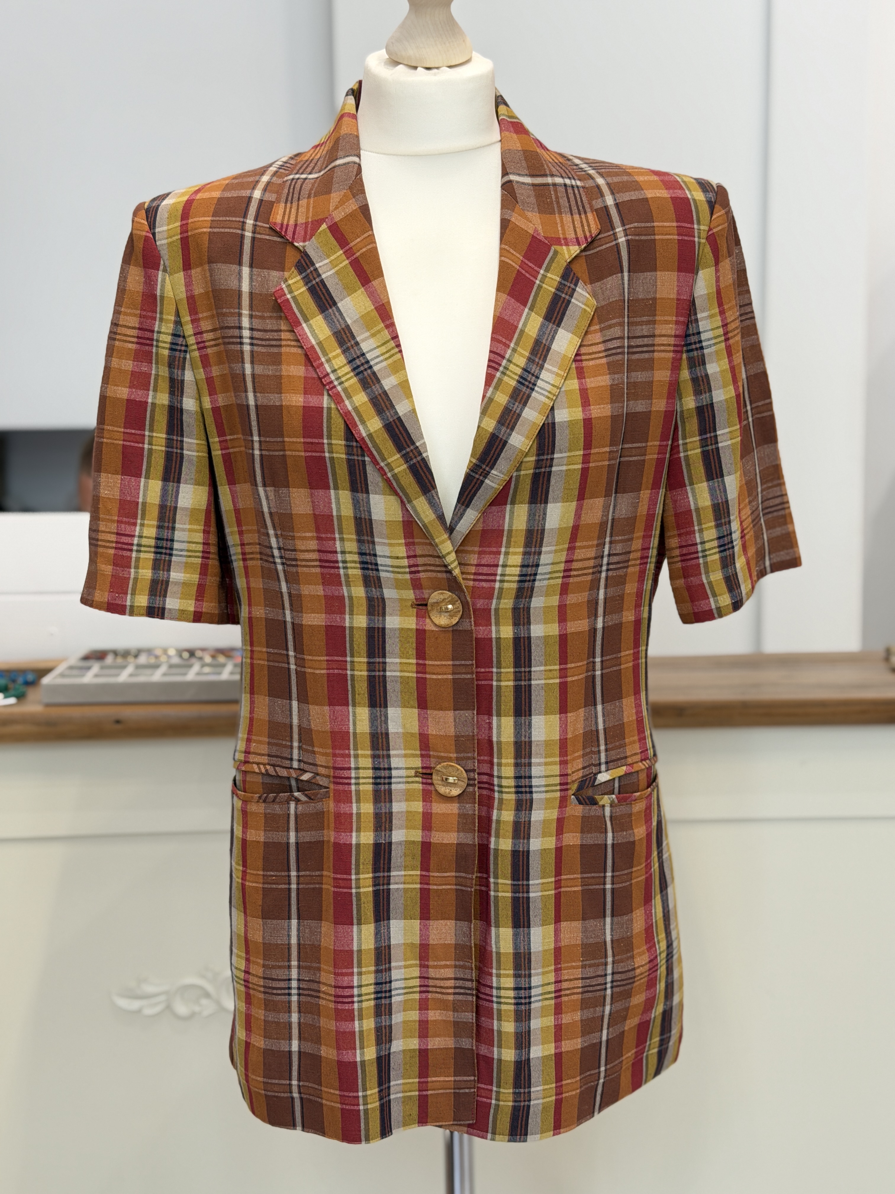 Włoski lniany żakiet vintage krata 60% len Made in Italy M/L