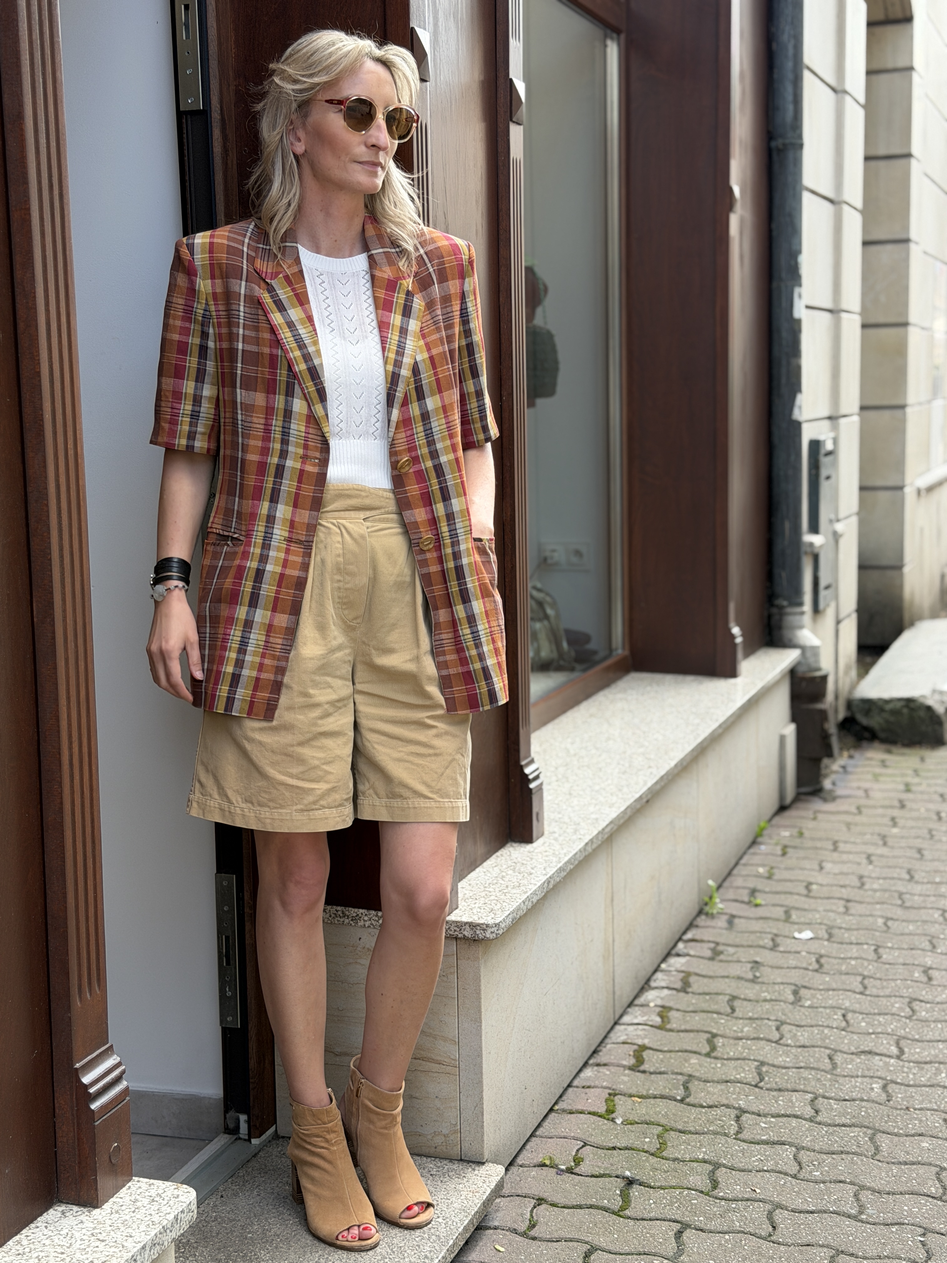 Włoski lniany żakiet vintage krata 60% len Made in Italy M/L (2)