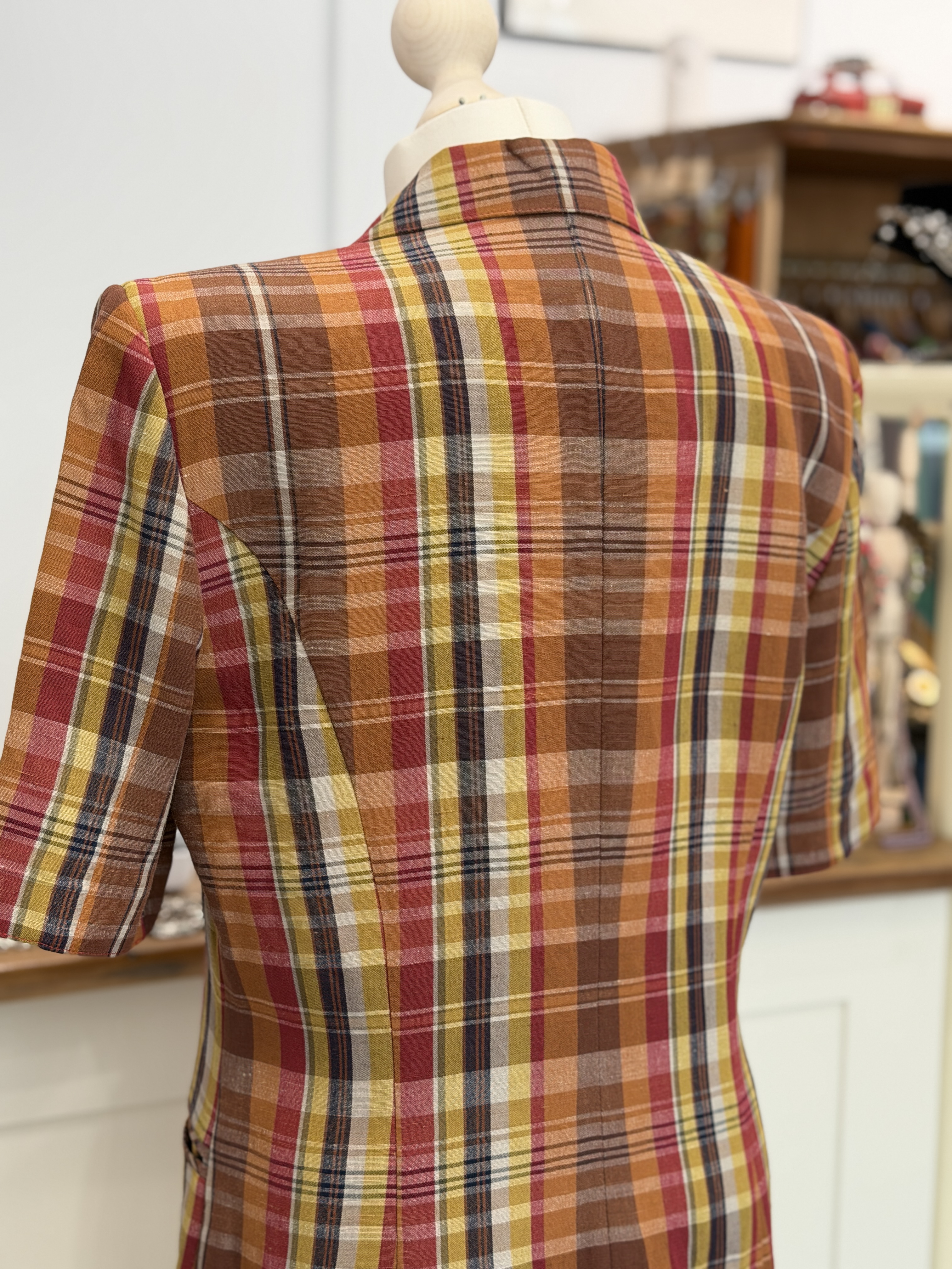 Włoski lniany żakiet vintage krata 60% len Made in Italy M/L (5)