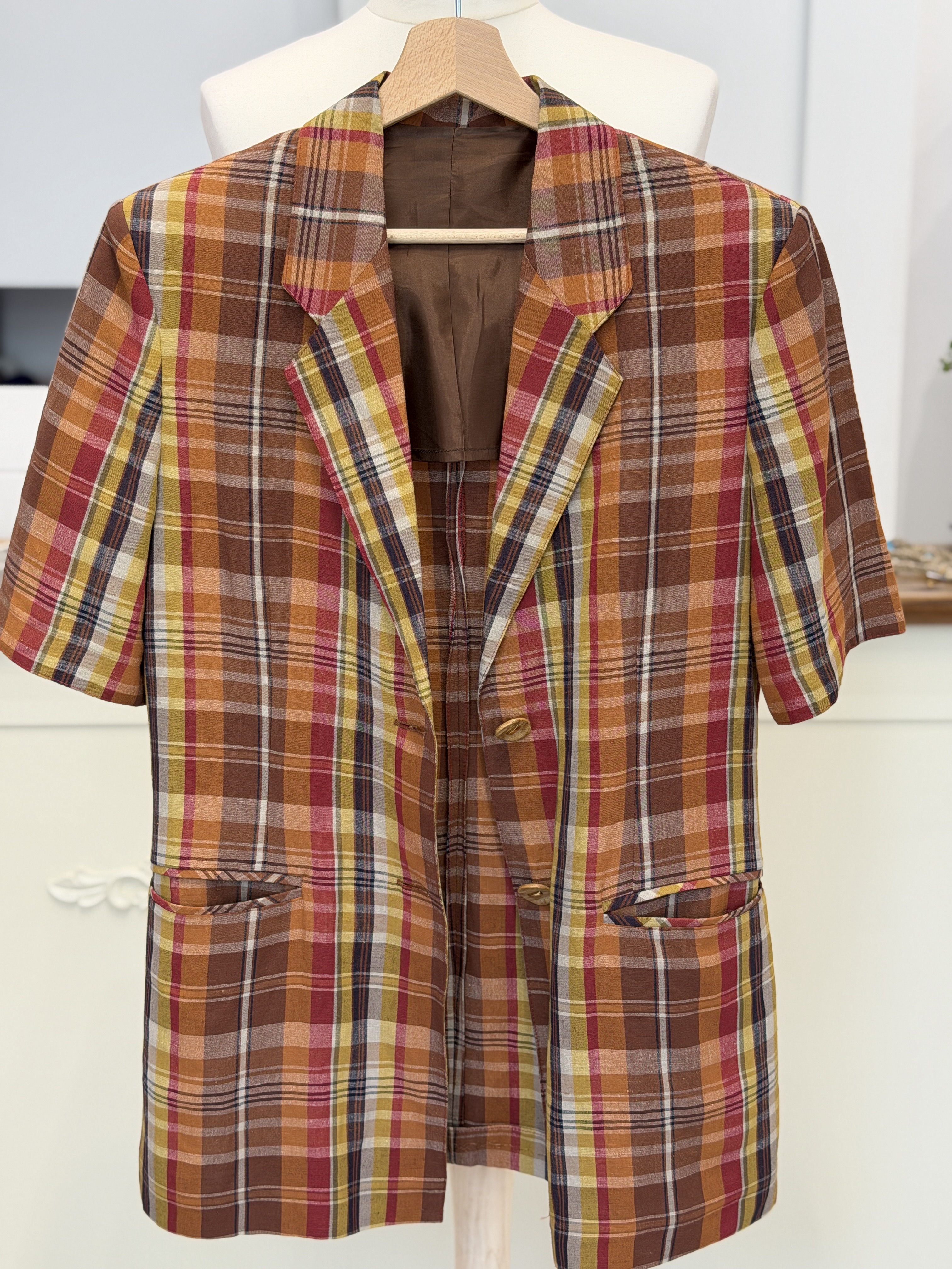 Włoski lniany żakiet vintage krata 60% len Made in Italy M/L (7)