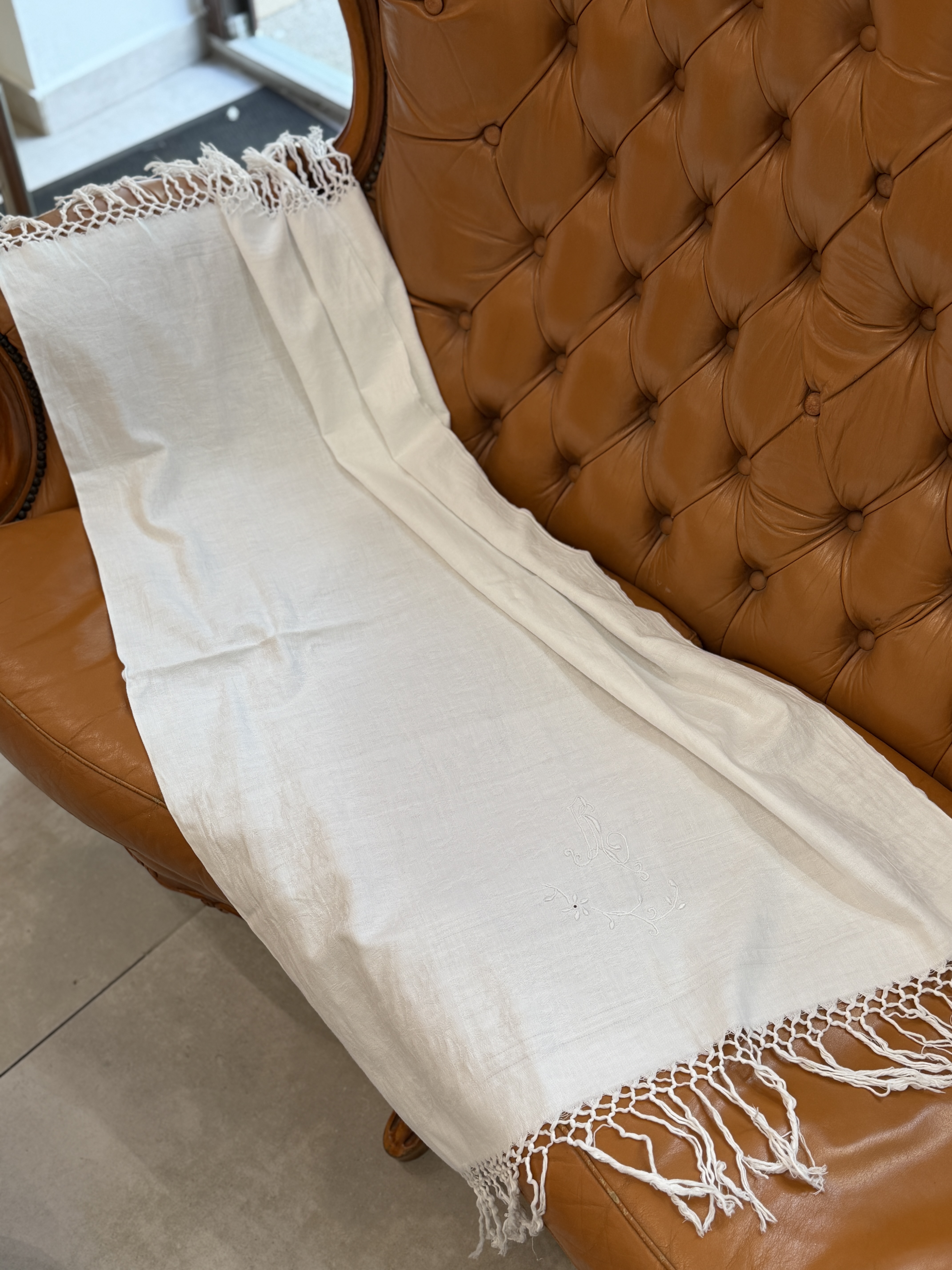 Antyczny lniany ręcznik z monogramem RL haft ręczny frędzle adamaszek vintage (2)