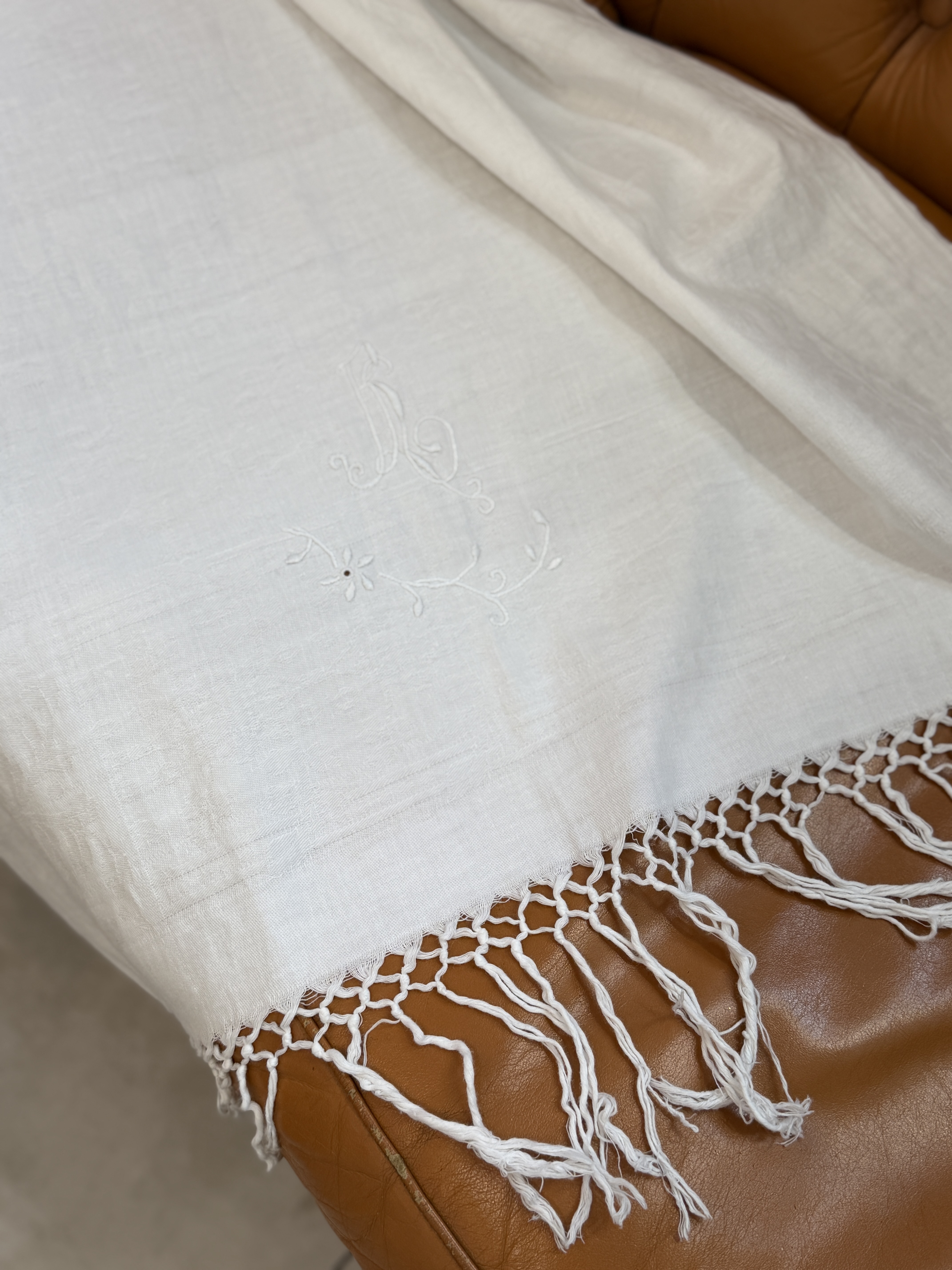 Antyczny lniany ręcznik z monogramem RL haft ręczny frędzle adamaszek vintage (3)