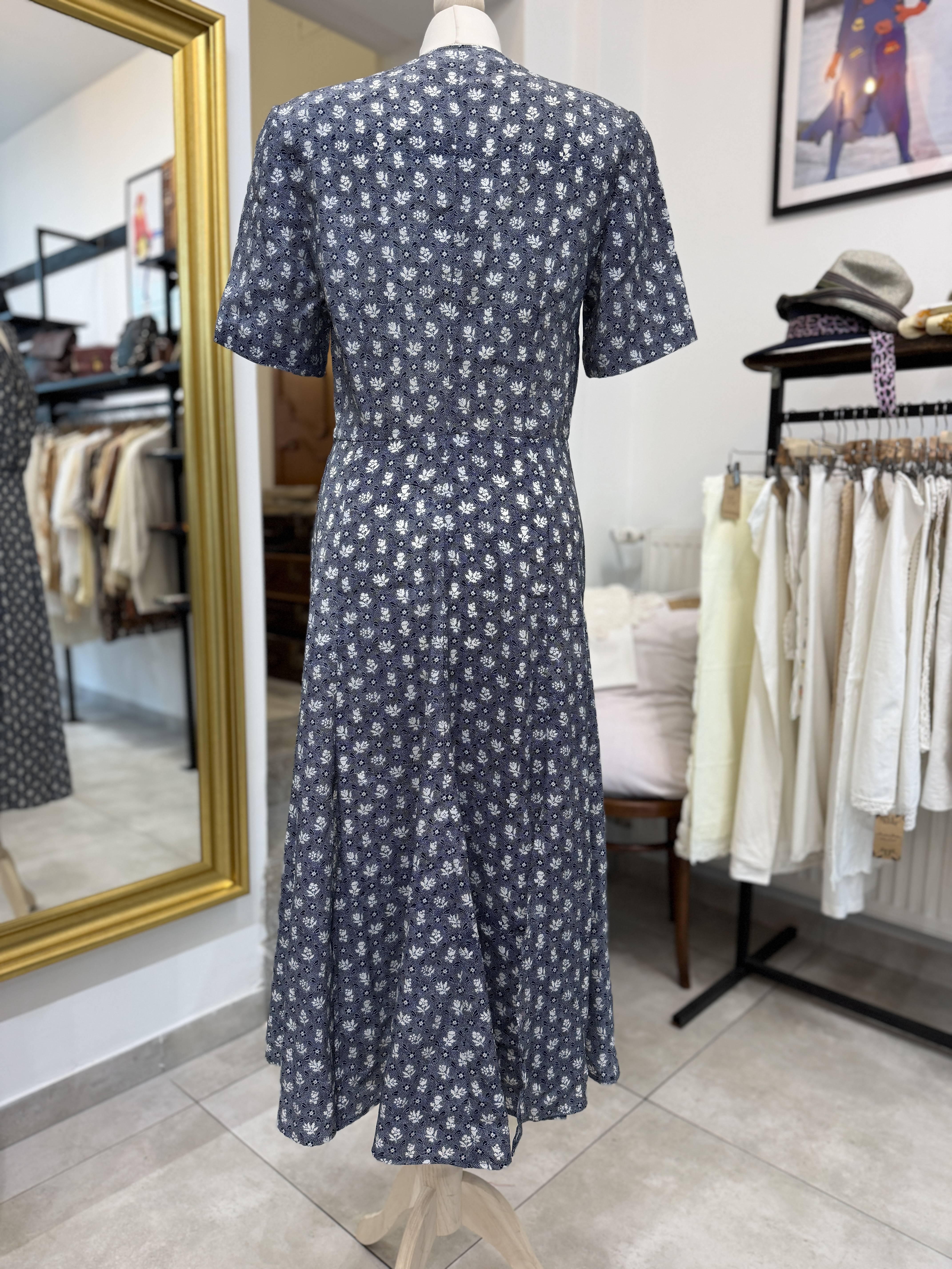 Sukienka vintage midi w drobne kwiaty M granatowa retro cottagecore M L (7)