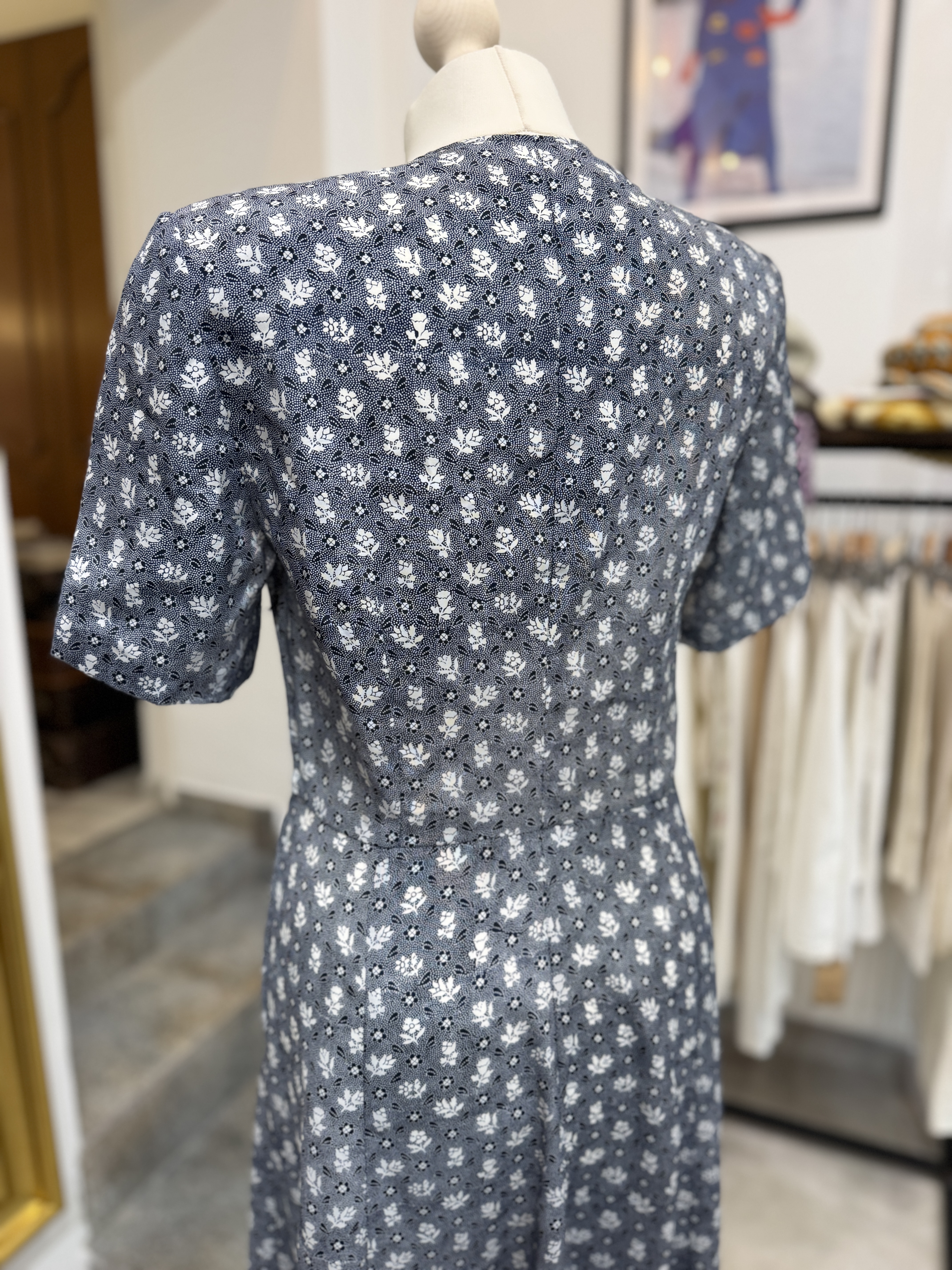 Sukienka vintage midi w drobne kwiaty M granatowa retro cottagecore M L (8)
