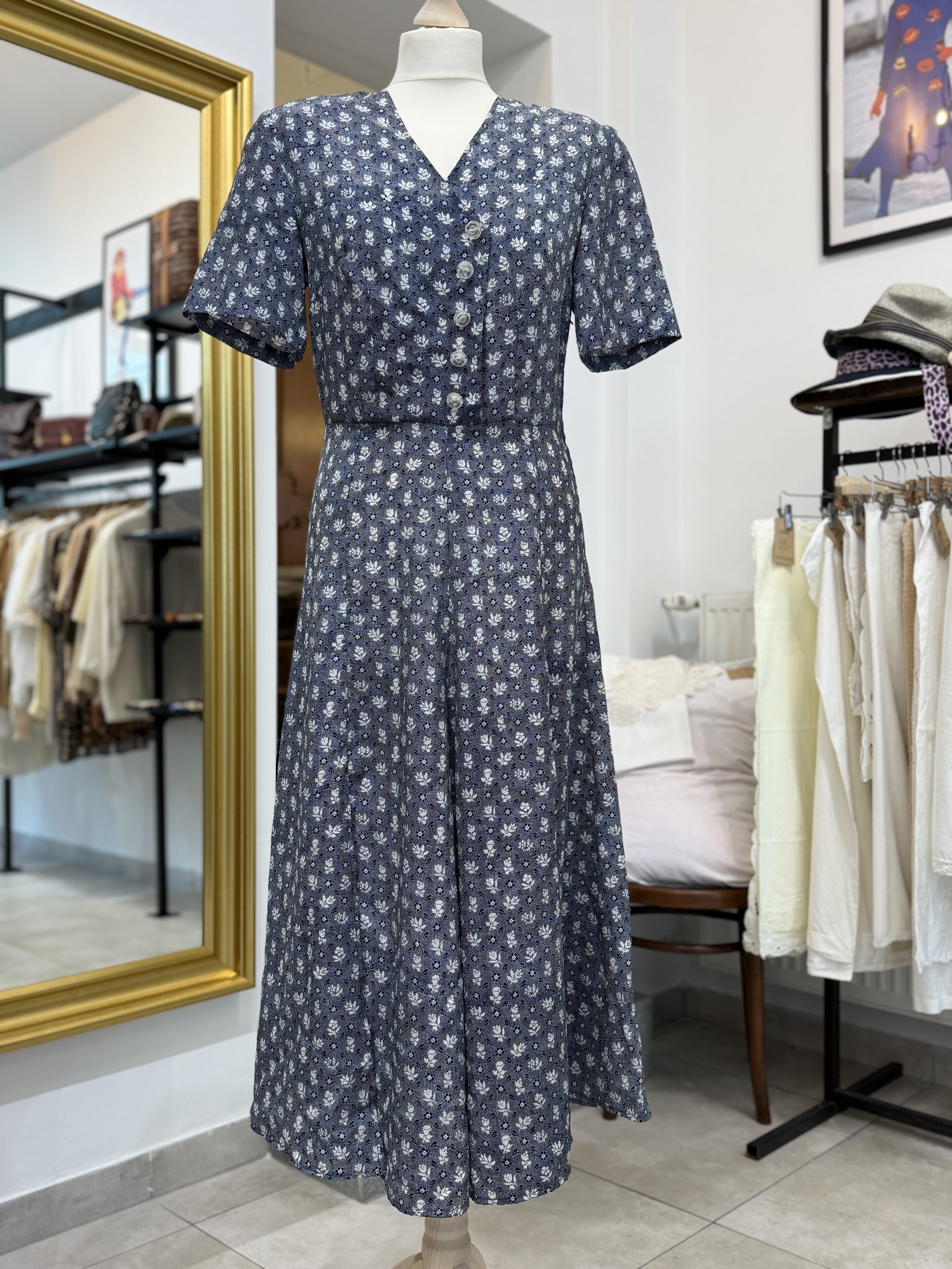 Sukienka vintage midi w drobne kwiaty M granatowa retro cottagecore M L (1)