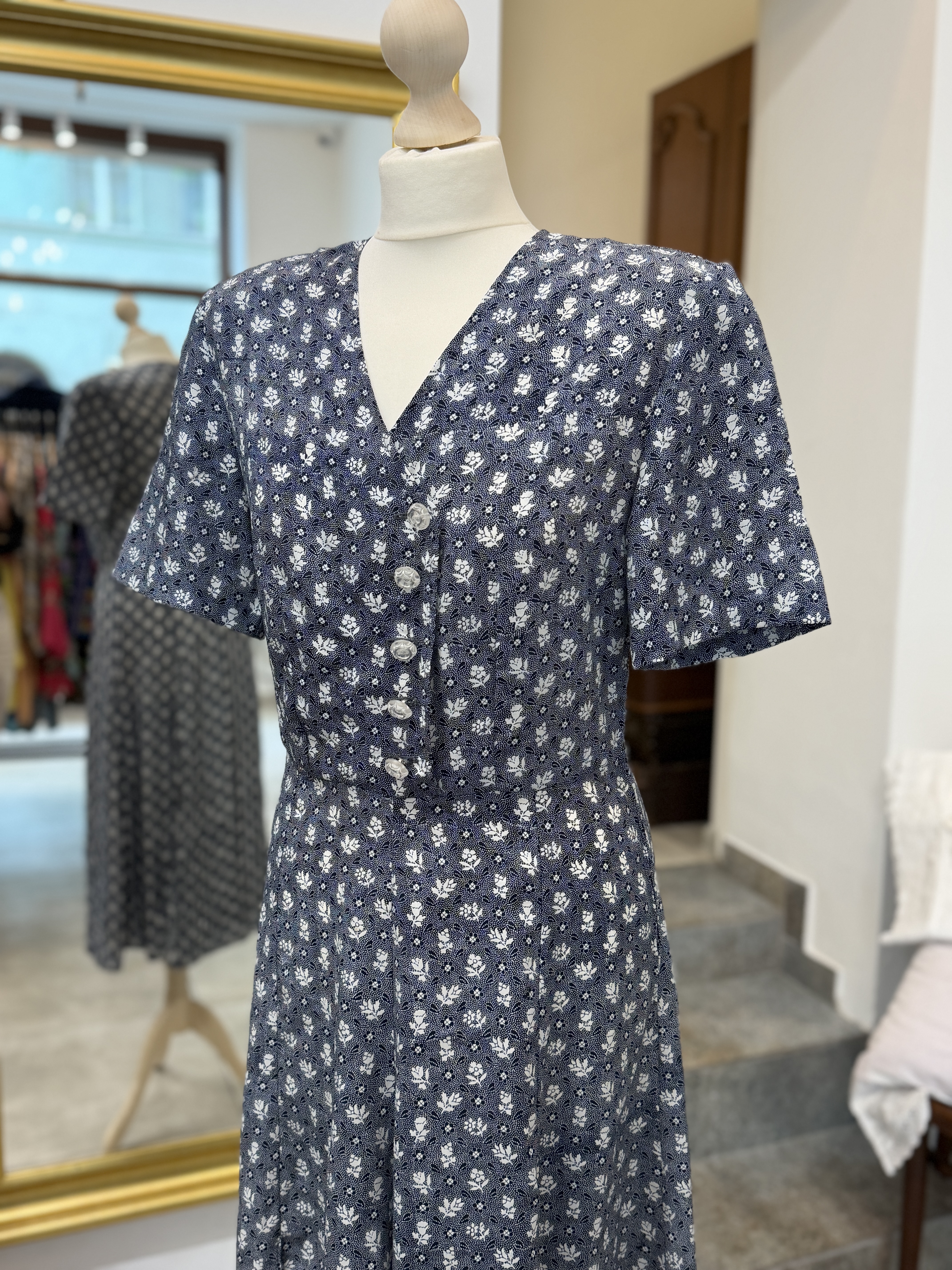 Sukienka vintage midi w drobne kwiaty M granatowa retro cottagecore M L (2)