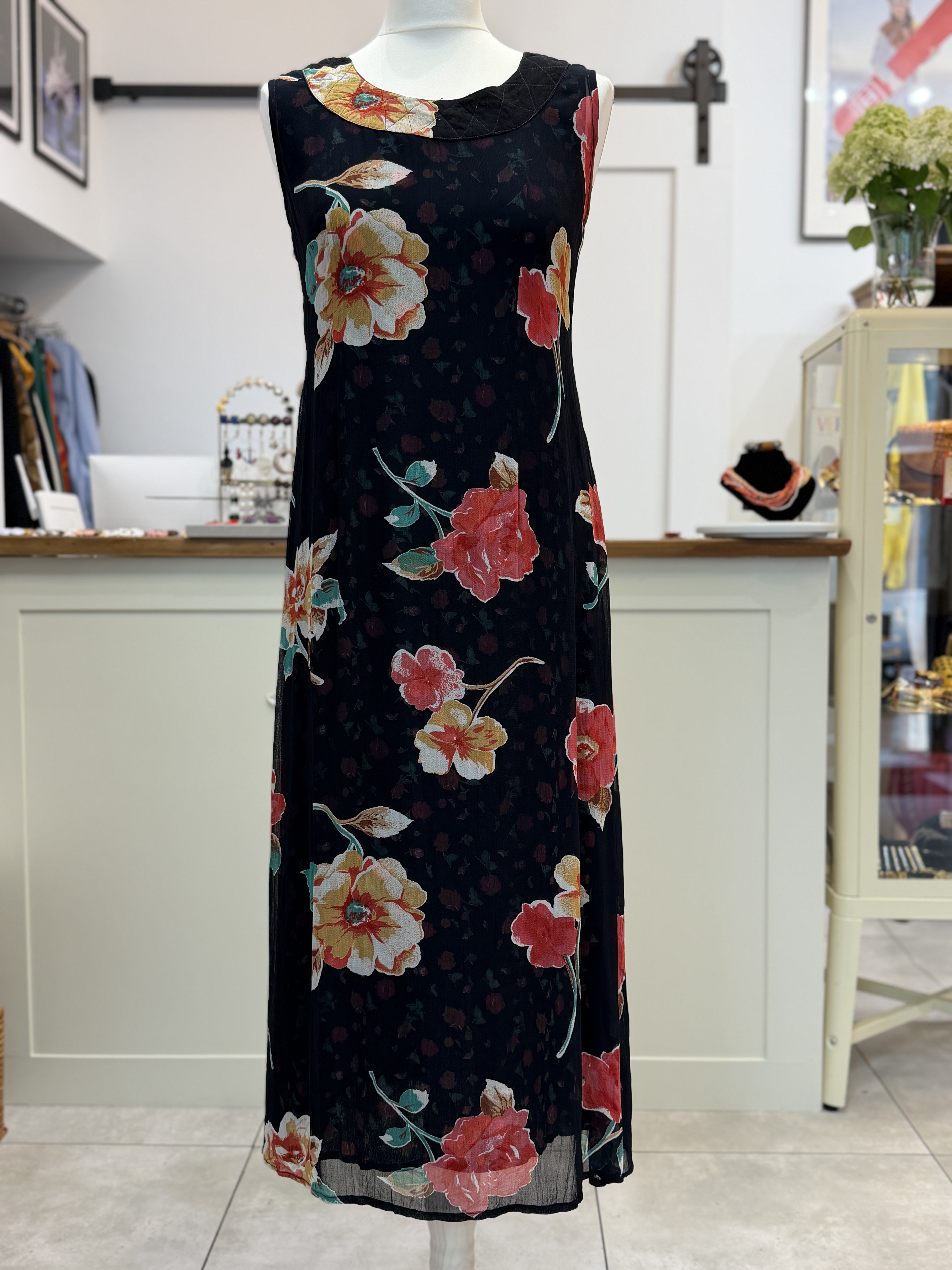 Sukienka vintage maxi 100% wiskoza kwiaty czarna boho L XL