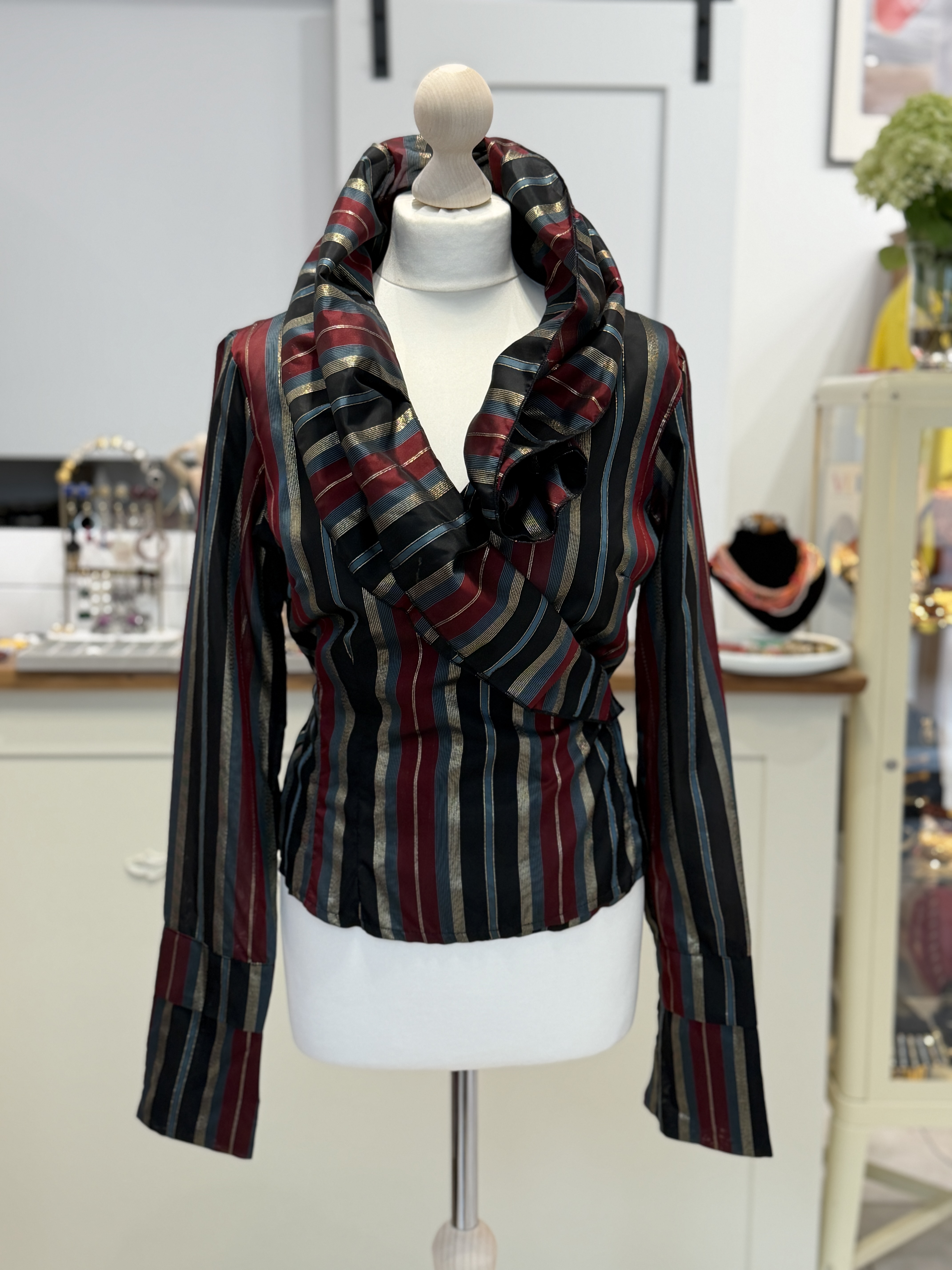 Włoska bluzka kopertowa vintage L paski lurex Made in Italy Paola Tonini
