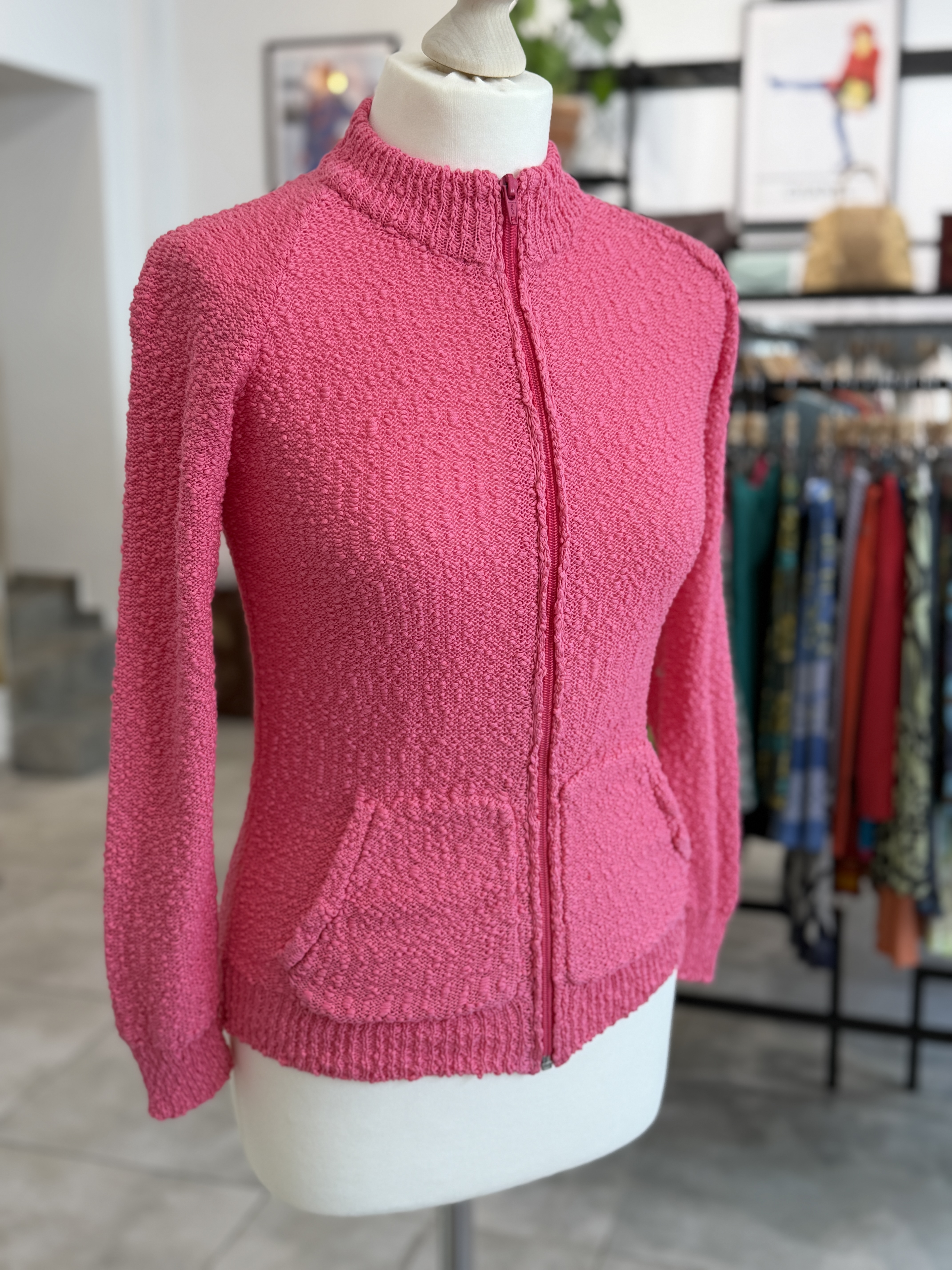 Różowy komplet vintage z bawełnianej dzianiny – bluzka i kardigan na zamek, lata 70., XS (3)