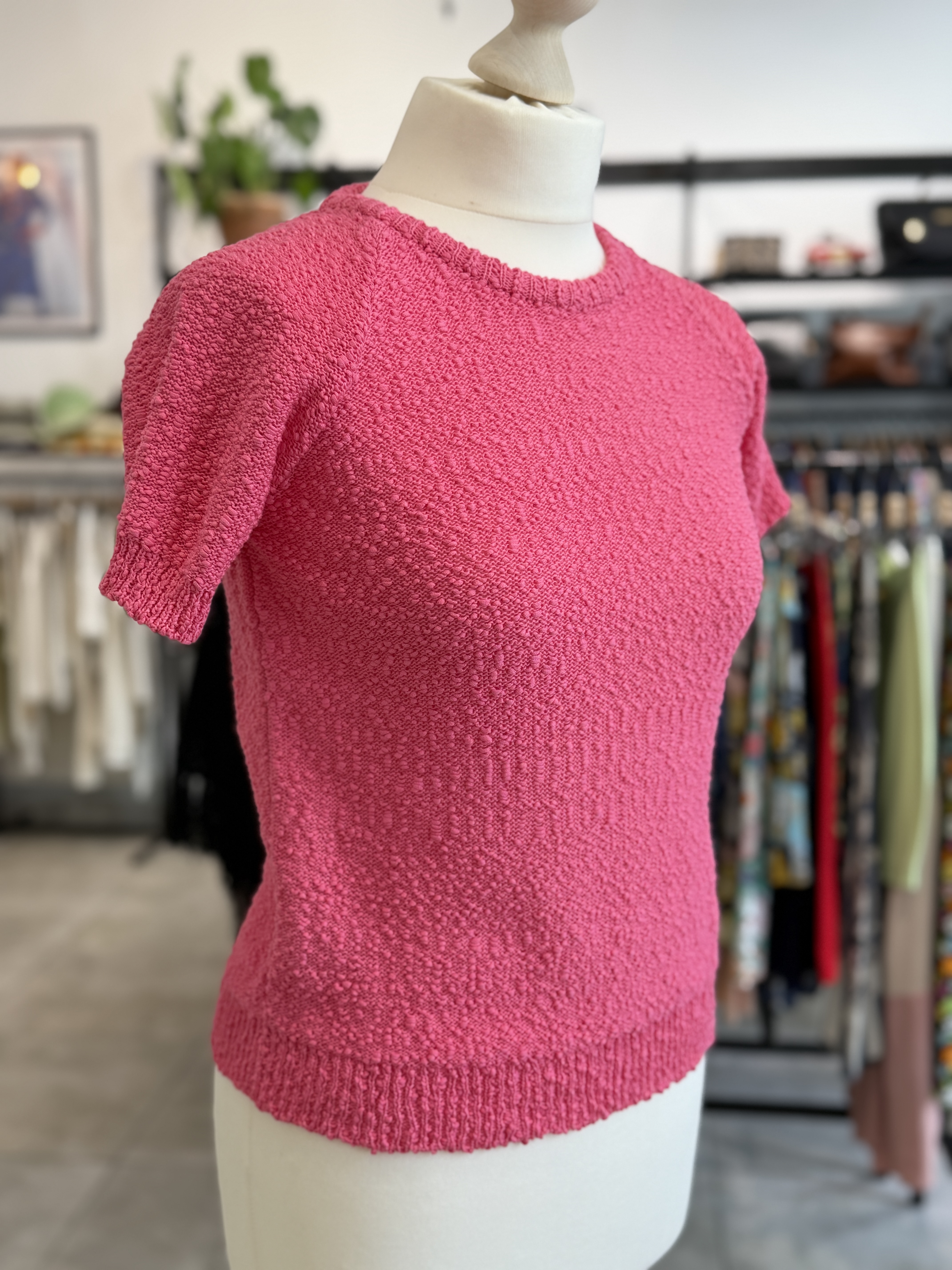 Różowy komplet vintage z bawełnianej dzianiny – bluzka i kardigan na zamek, lata 70., XS (7)