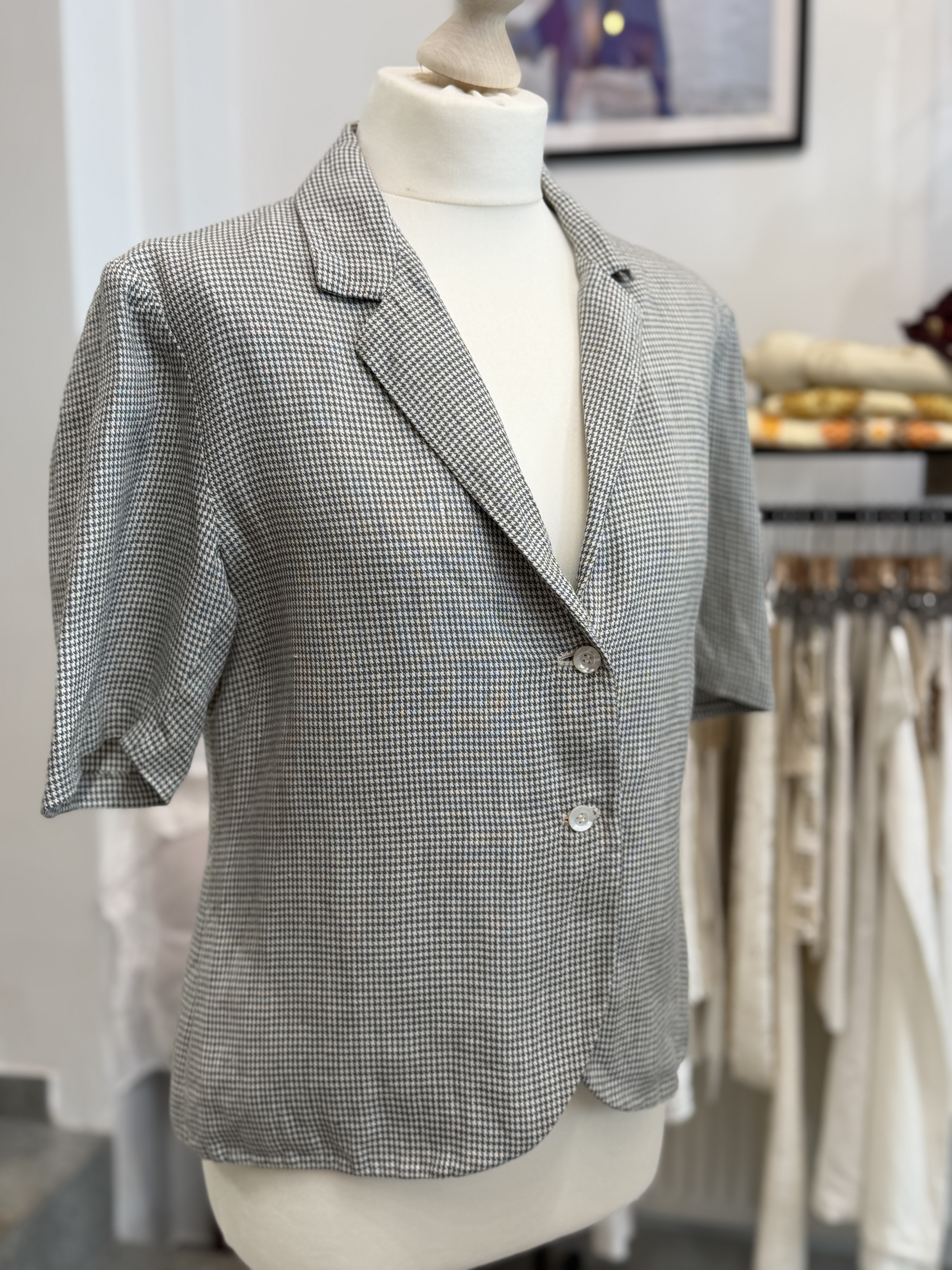 Lniany żakiet vintage pepitka szaro biały krótki rękaw L/ XL