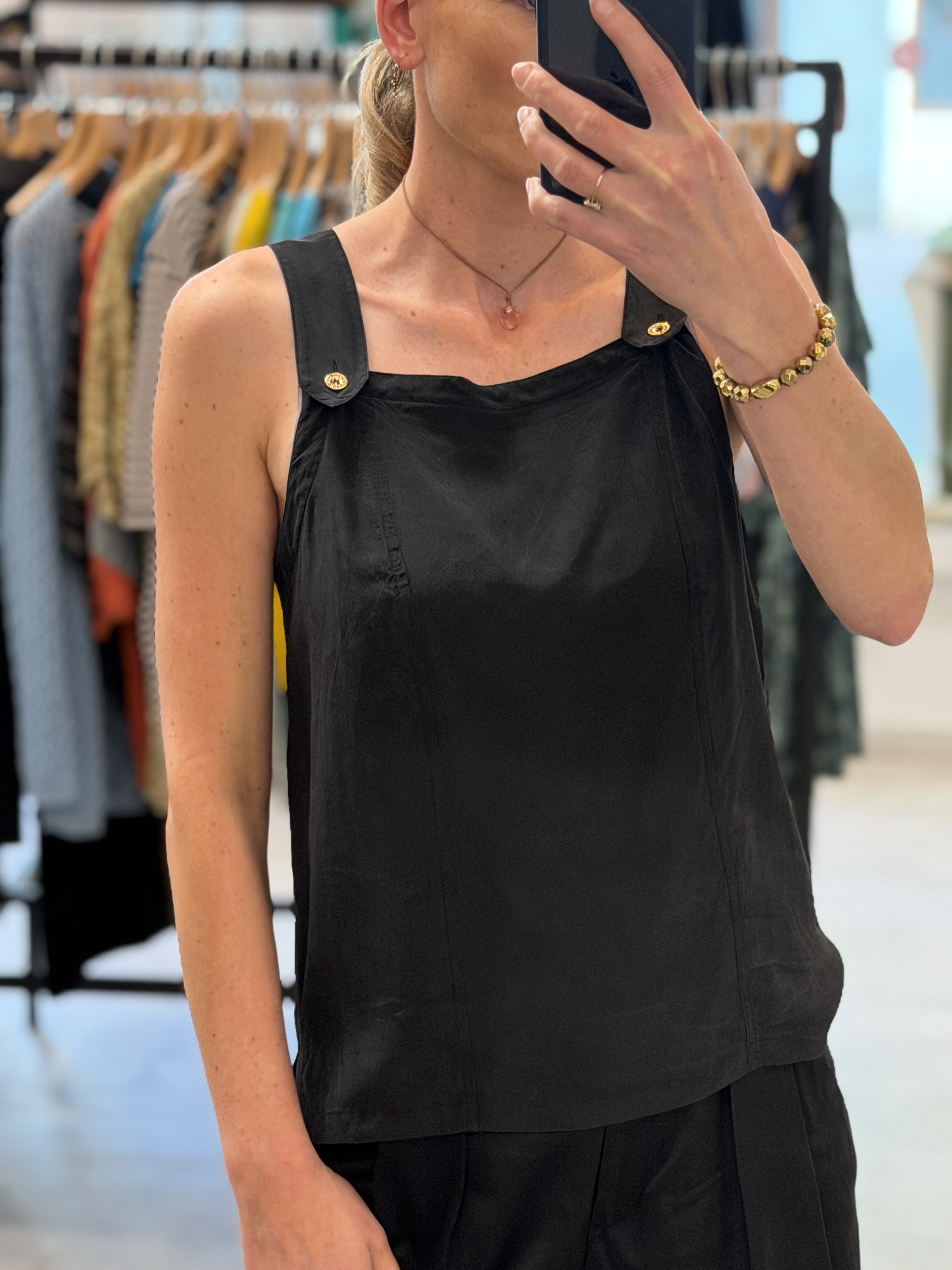 Chanel jedwabny top vintage czarny Made in France z guzikami CC 90s Y2K M/L (7)