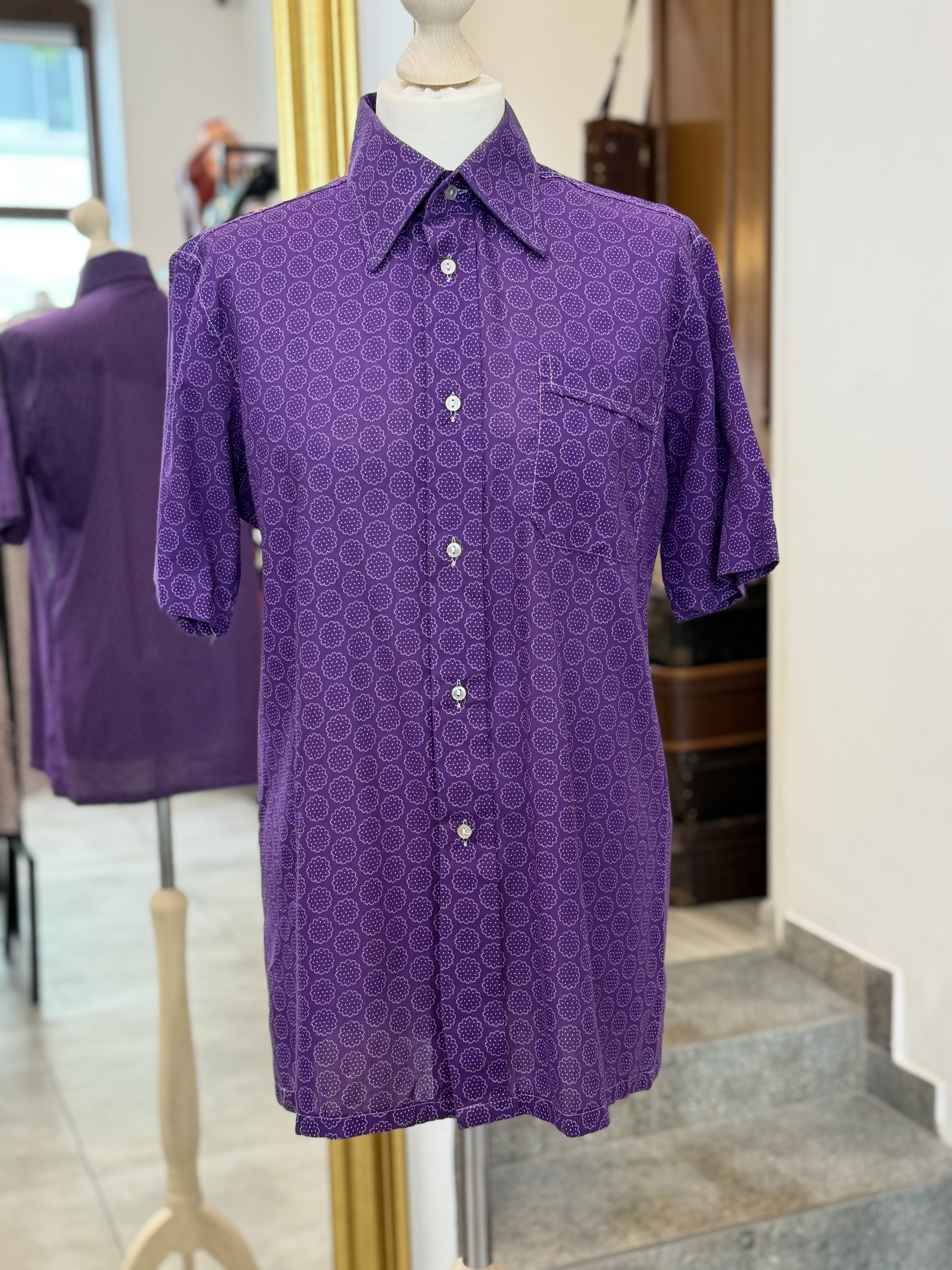 Francuska koszula vintage 100% bawełna L/XL fioletowa we wzór Made in France lata 70 (1)