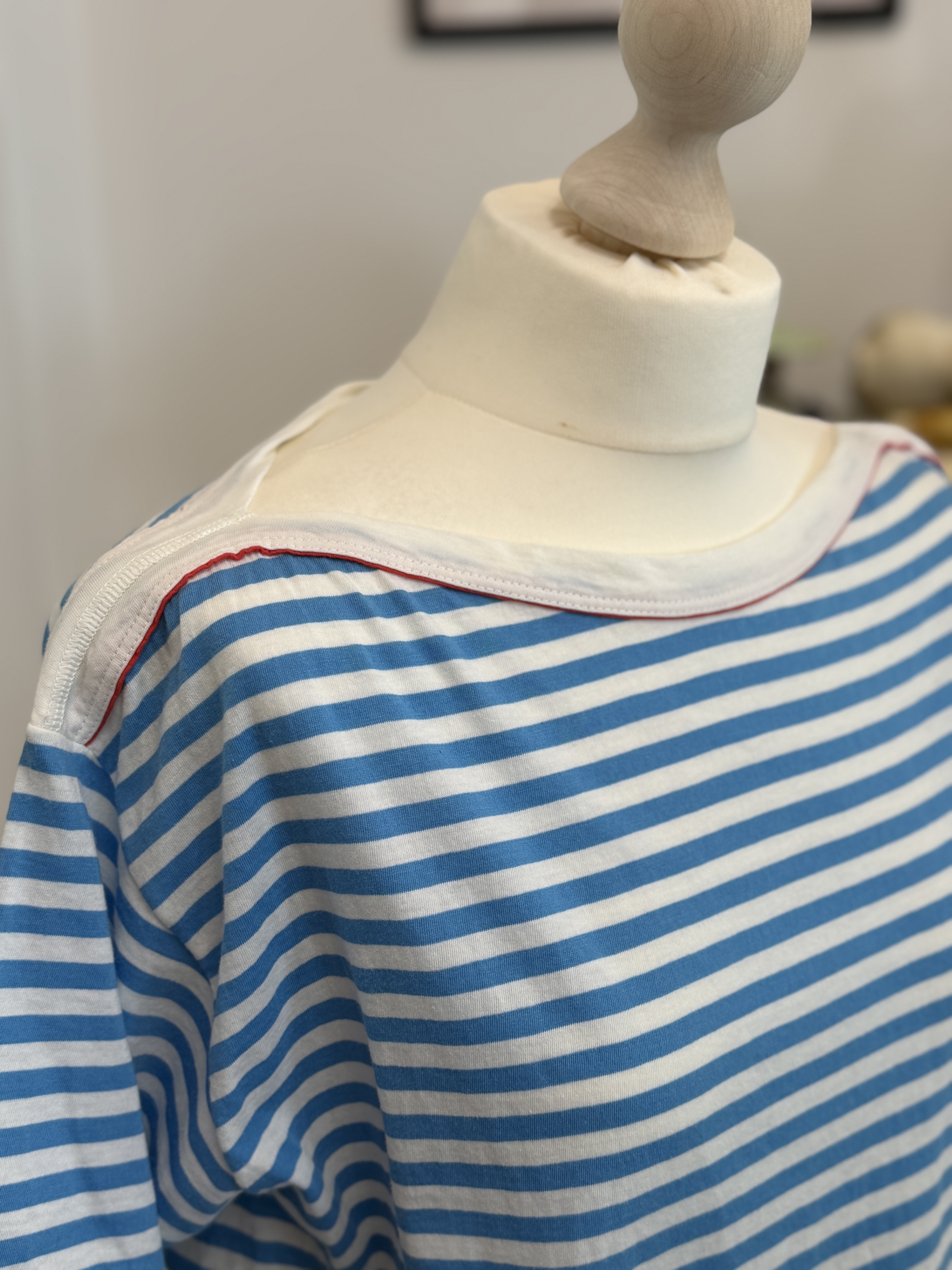 Vintage bawełniany T-shirt marynarski 100% bawełna biało-niebieskie paski oversize L/XL lata 80/90 (2)