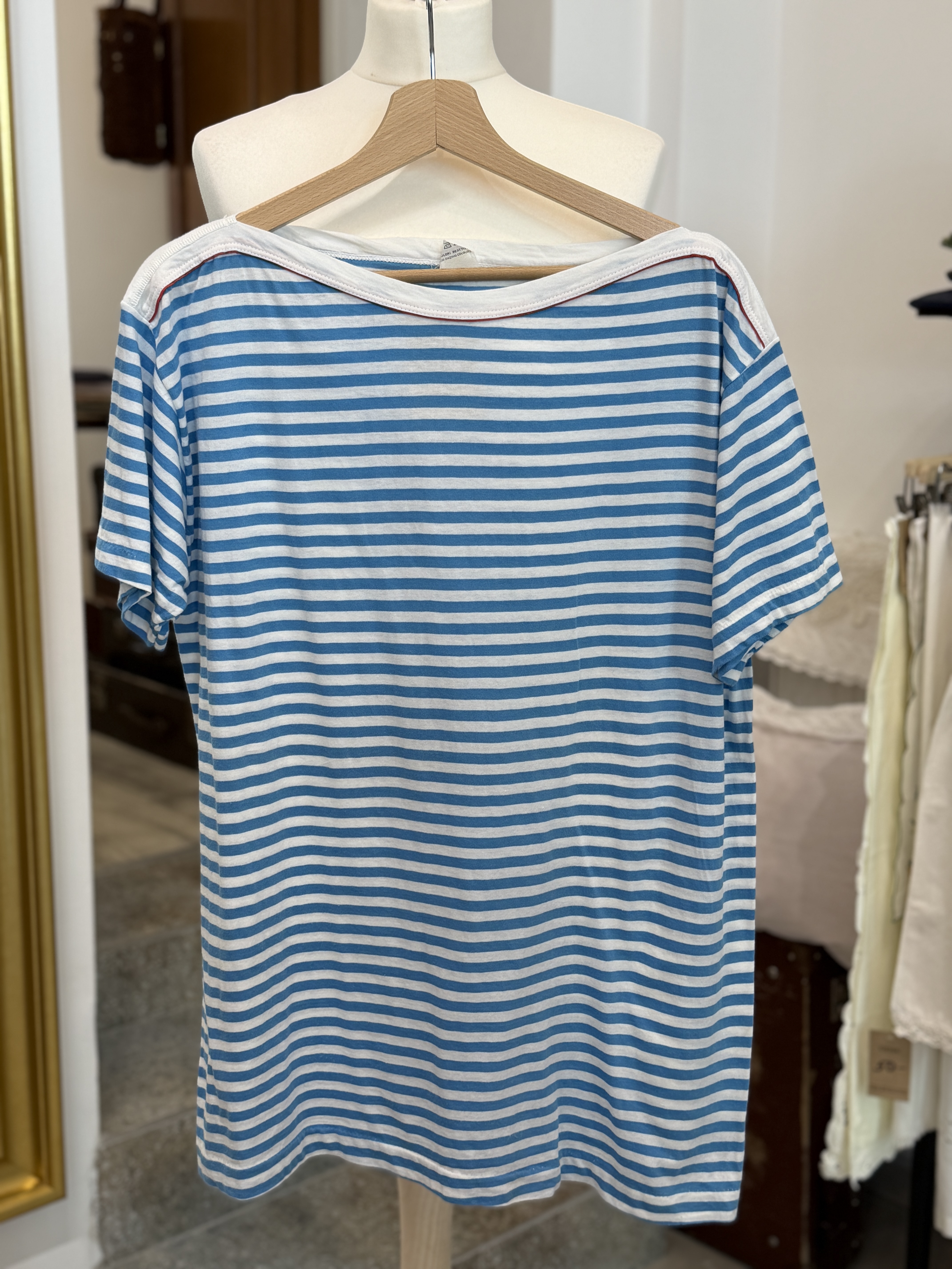 Vintage bawełniany T-shirt marynarski 100% bawełna biało-niebieskie paski oversize L/XL lata 80/90 (4)