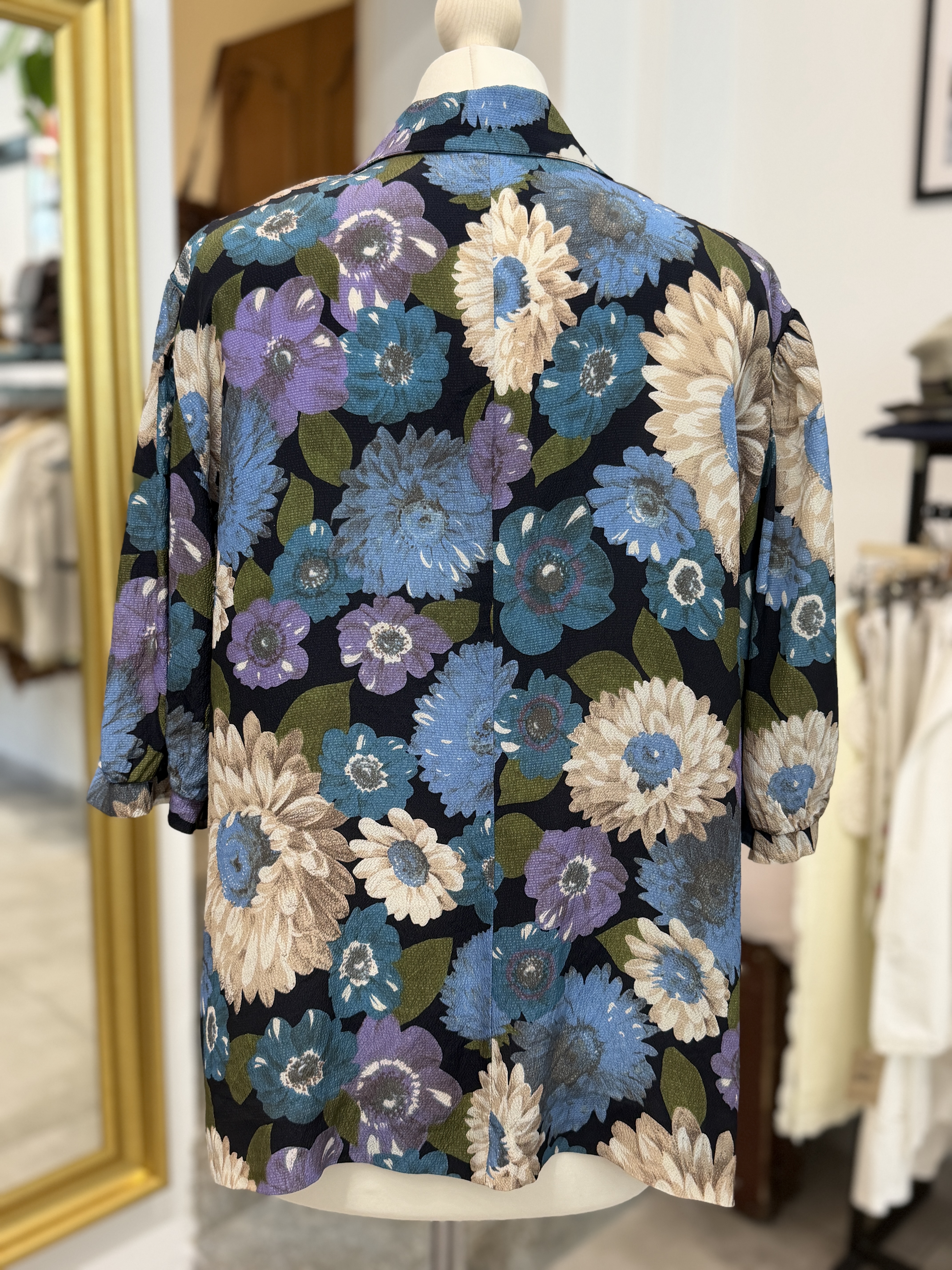 Włoski niebieski  żakiet vintage w kwiaty Made in Italy XL XXL – acetat i jedwab (6)
