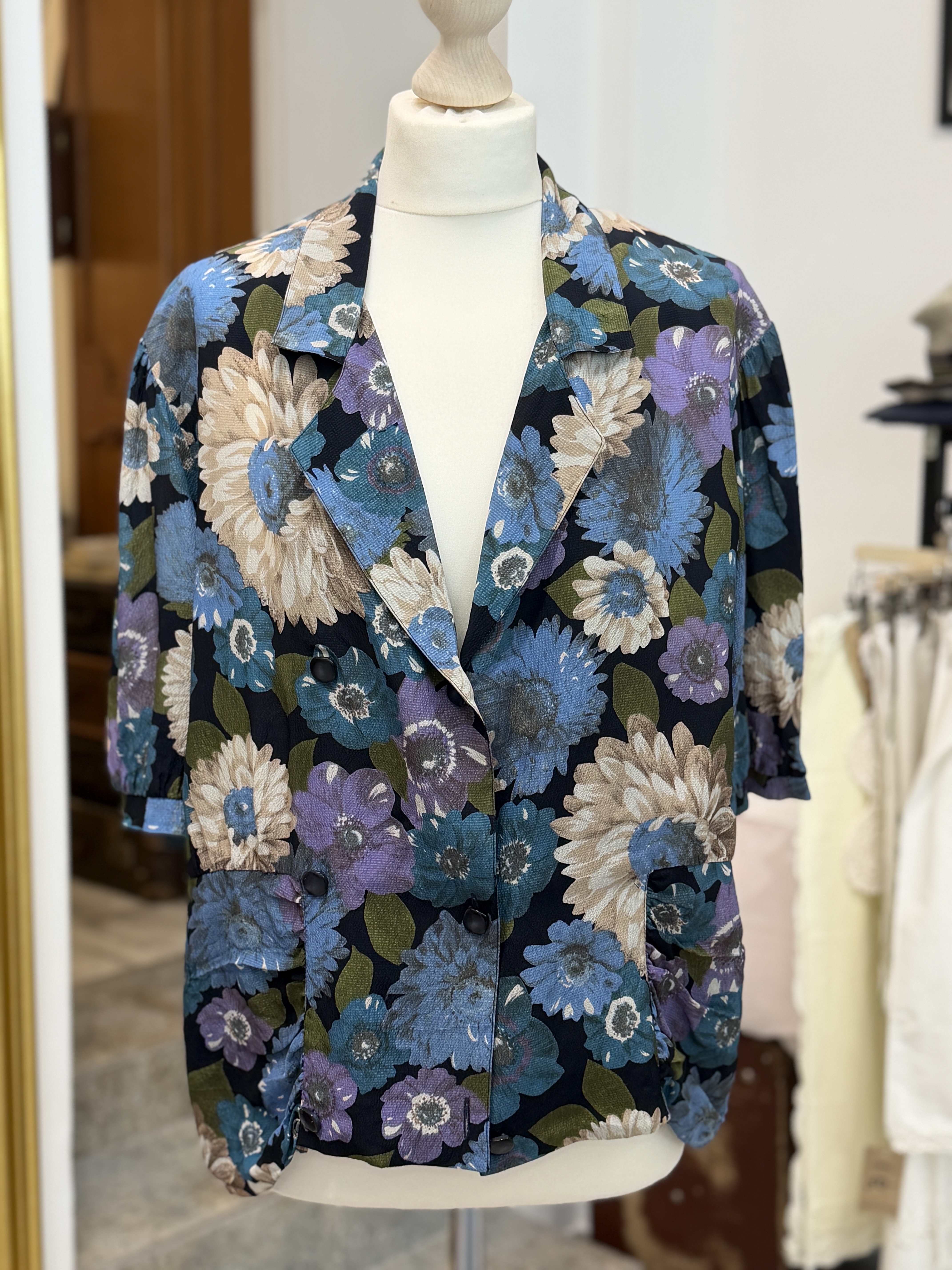 Włoski niebieski  żakiet vintage w kwiaty Made in Italy XL XXL – acetat i jedwab
