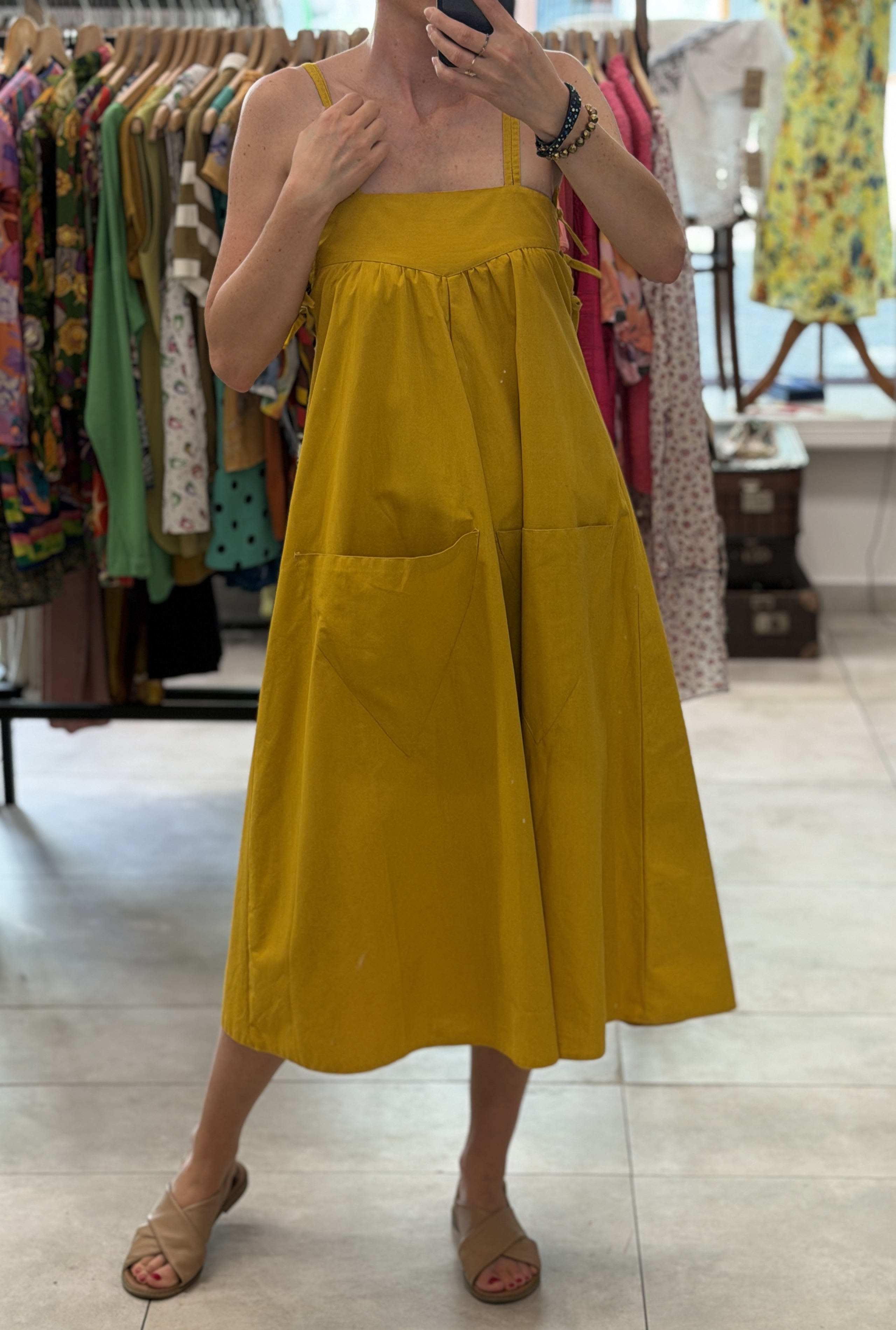 Musztardowa sukienka vintage 80s maxi bawełna 2w1 spódnica S M