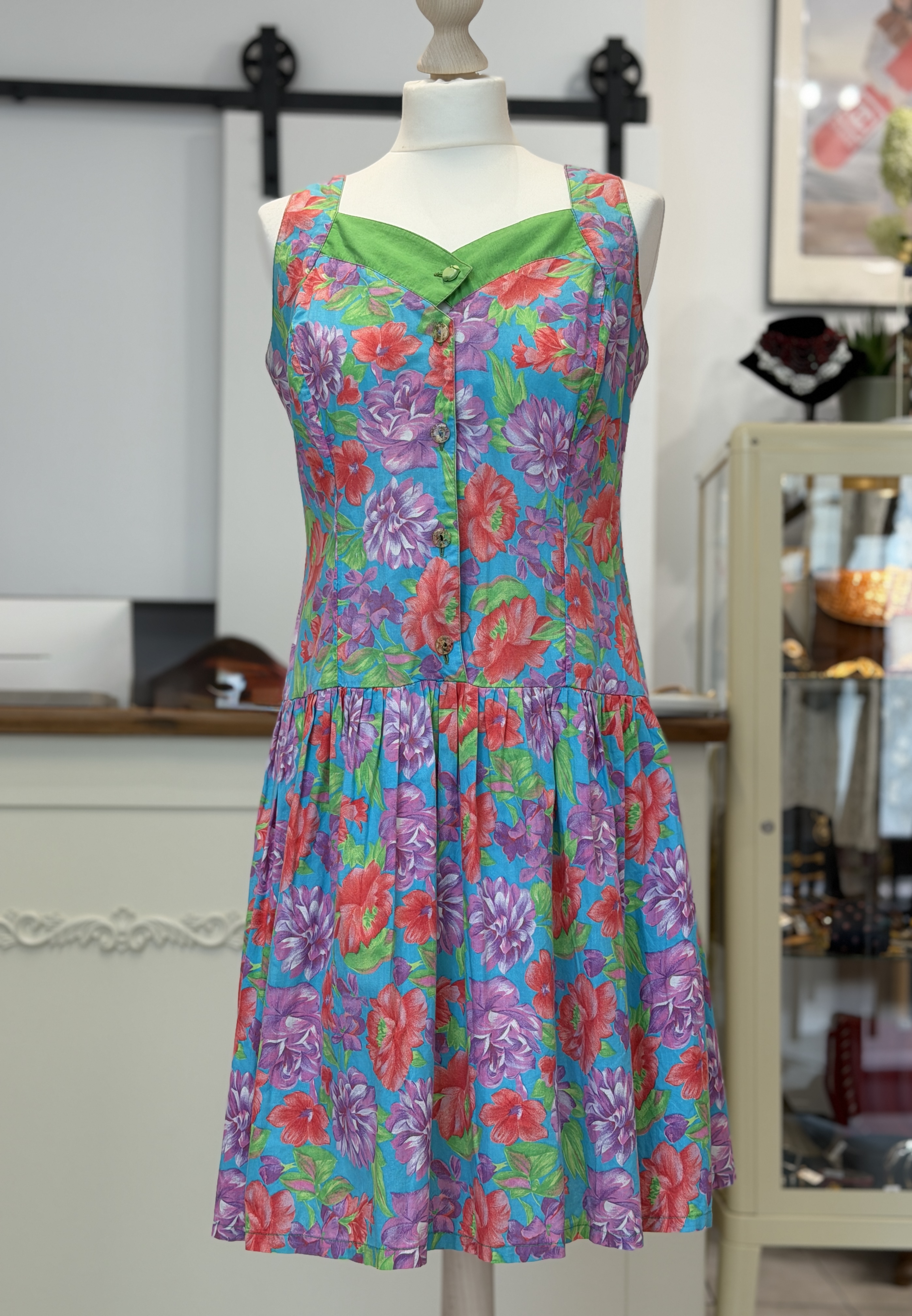 Kolorowa sukienka vintage 80s bawełniana kwiaty floral M