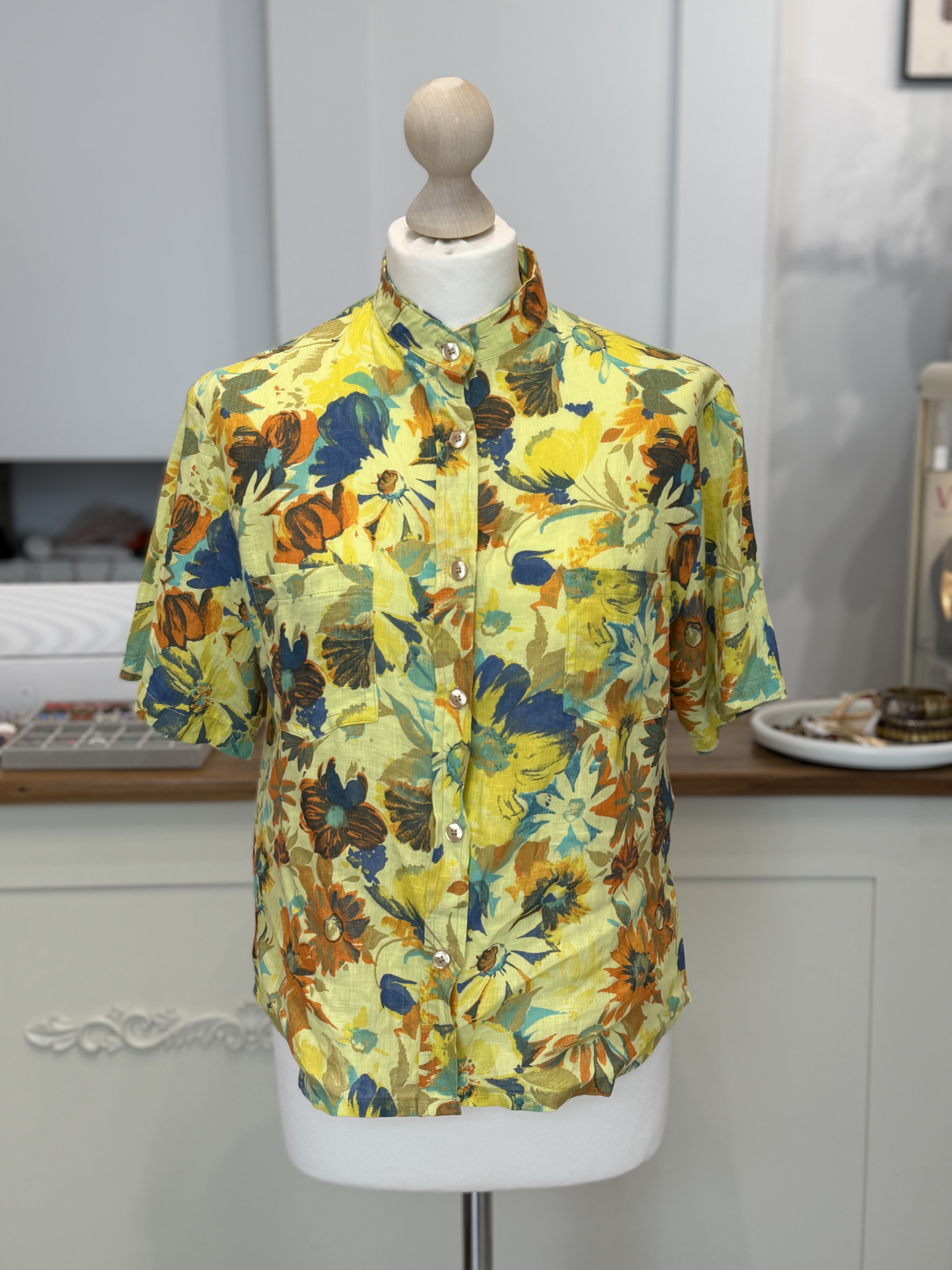 Morris włoska koszula vintage 100% len kwiaty Made in Italy M -XL