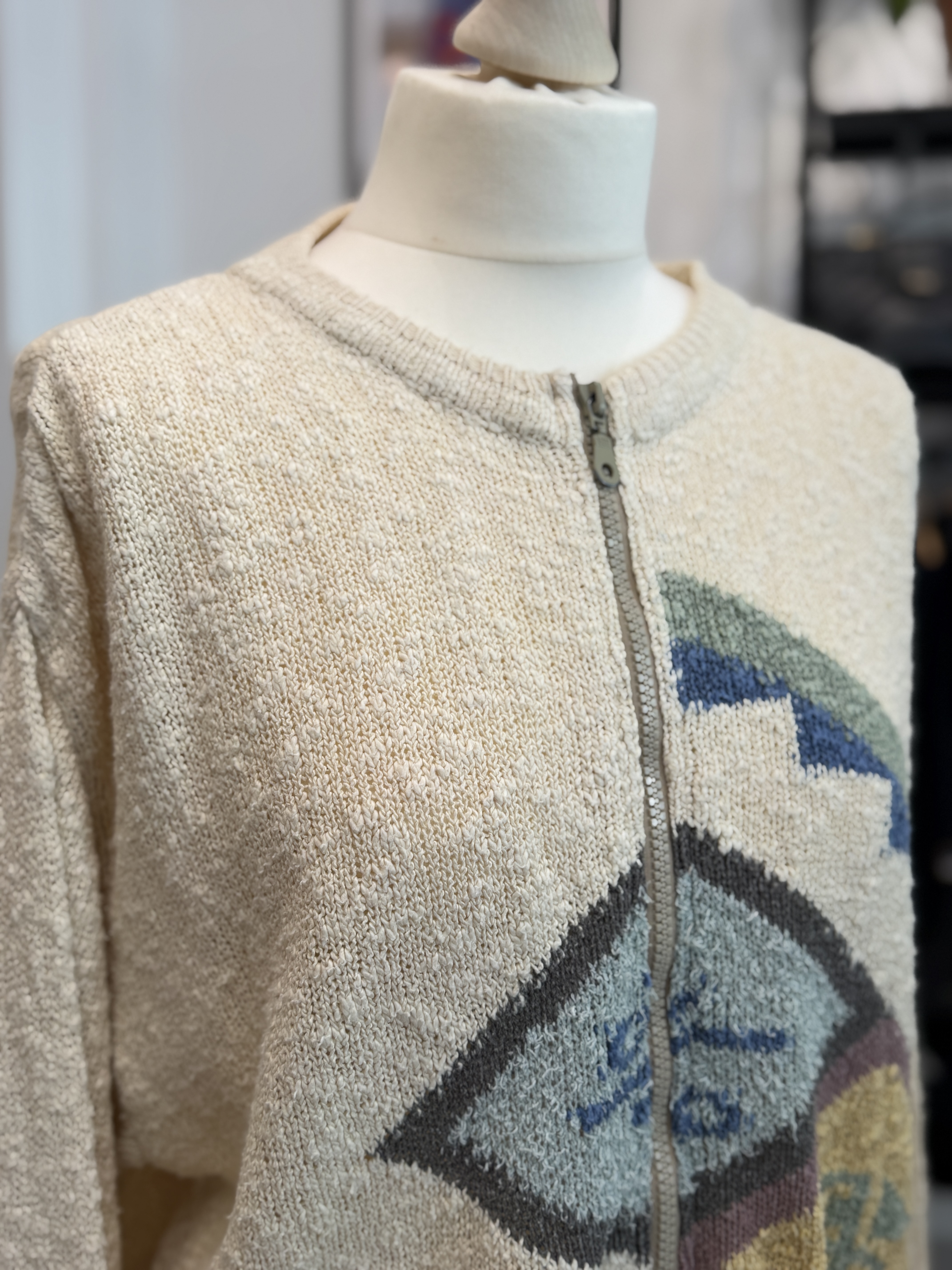 Vintage kardigan oversize na zamek naturalna dzianina geometryczny wzór XL XXL 80s 90s (2)