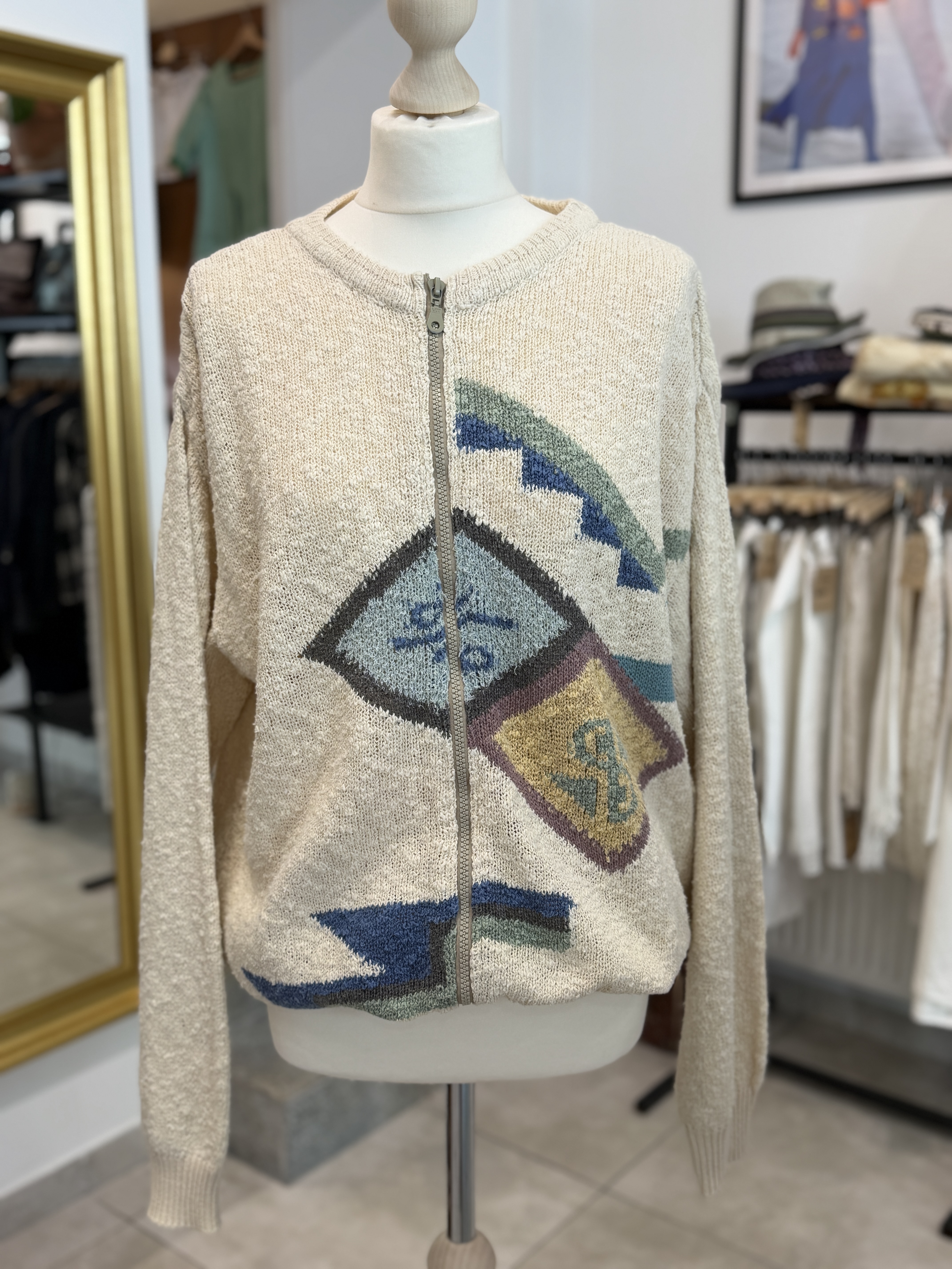 Vintage kardigan oversize na zamek naturalna dzianina geometryczny wzór XL XXL 80s 90s (4)