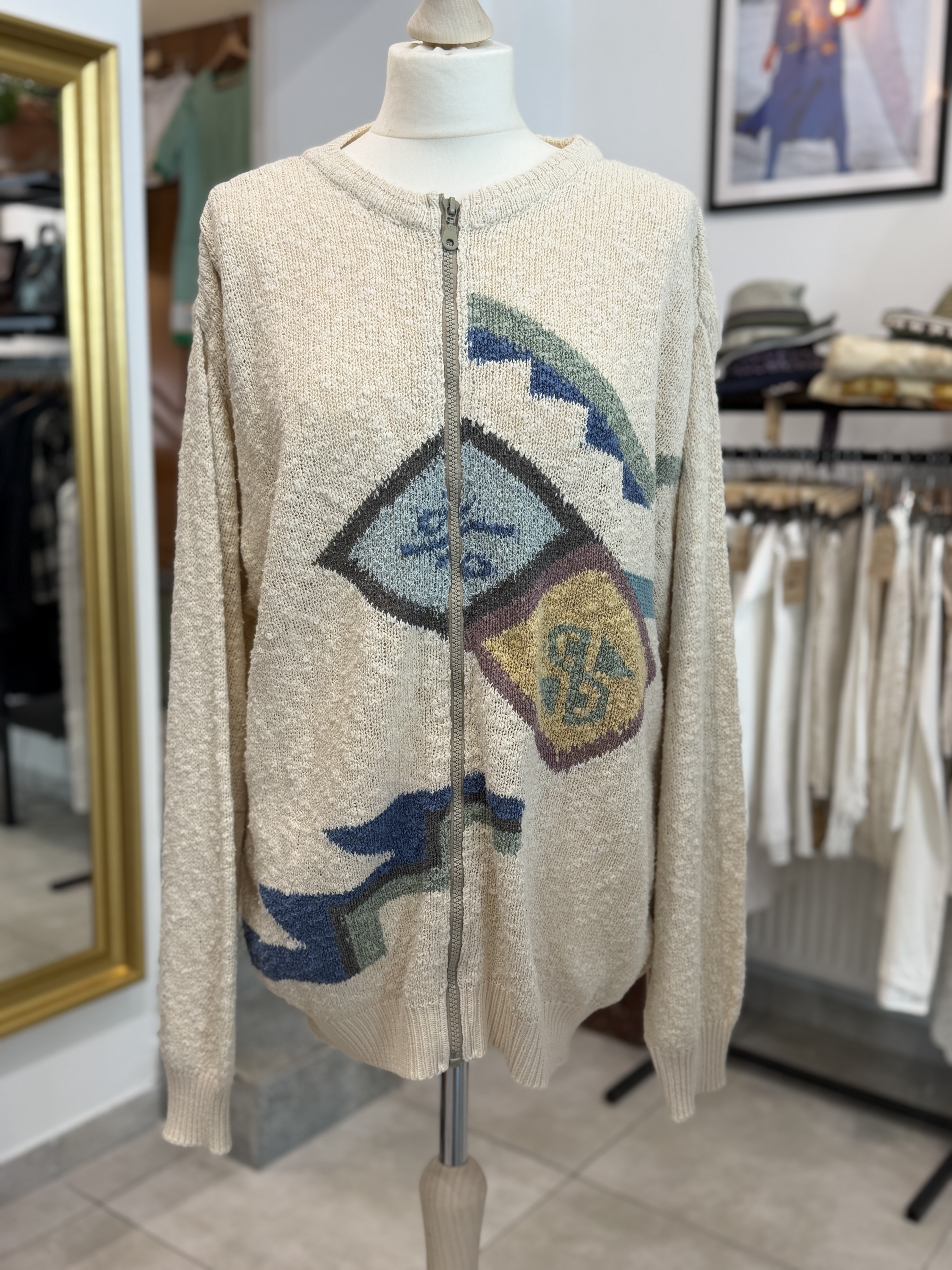 Vintage kardigan oversize na zamek naturalna dzianina geometryczny wzór XL XXL 80s 90s (1)