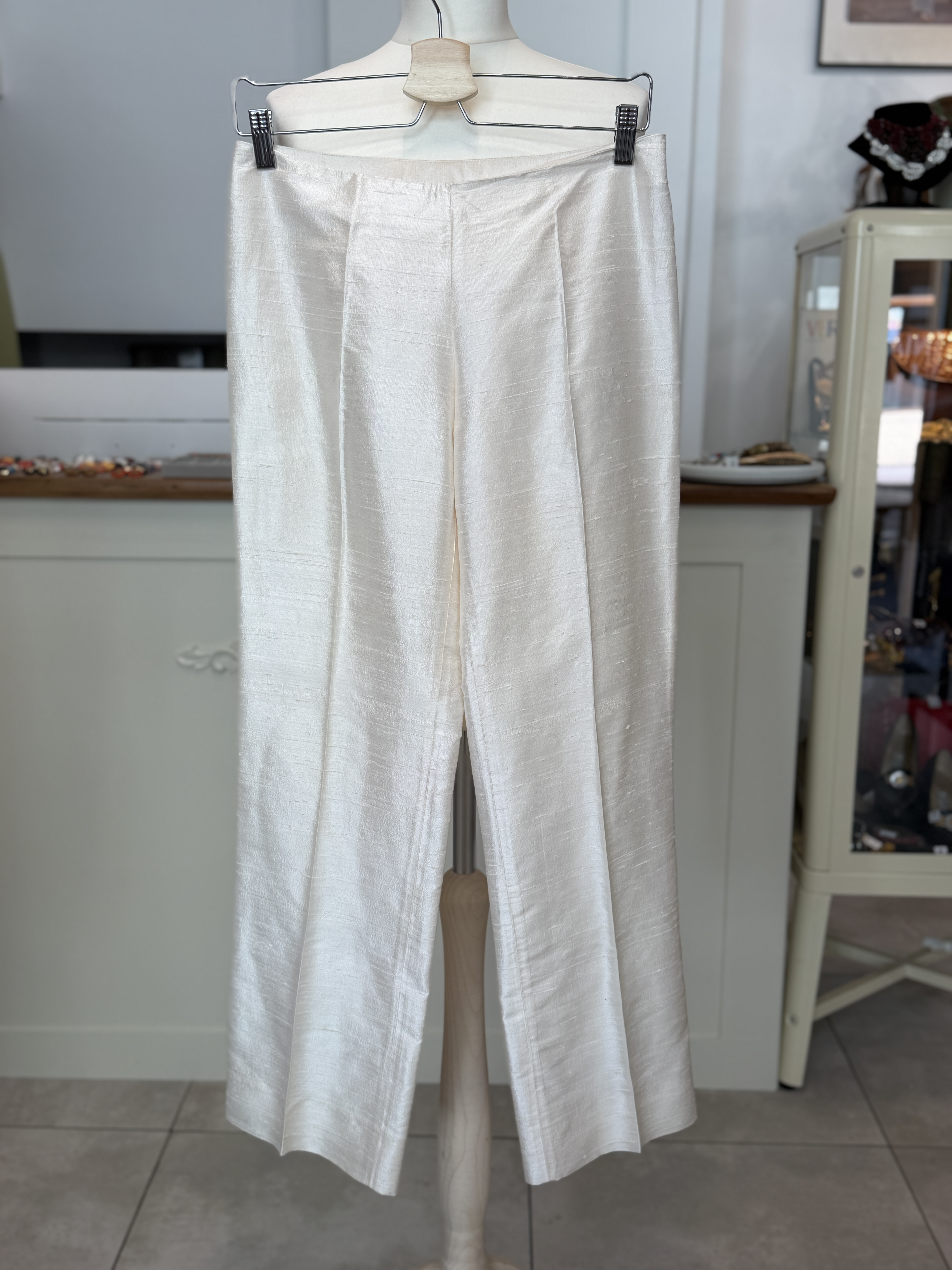 Vintage spodnie ecru niski stan fason flare tkanina typu jedwab shantung S/M (7)