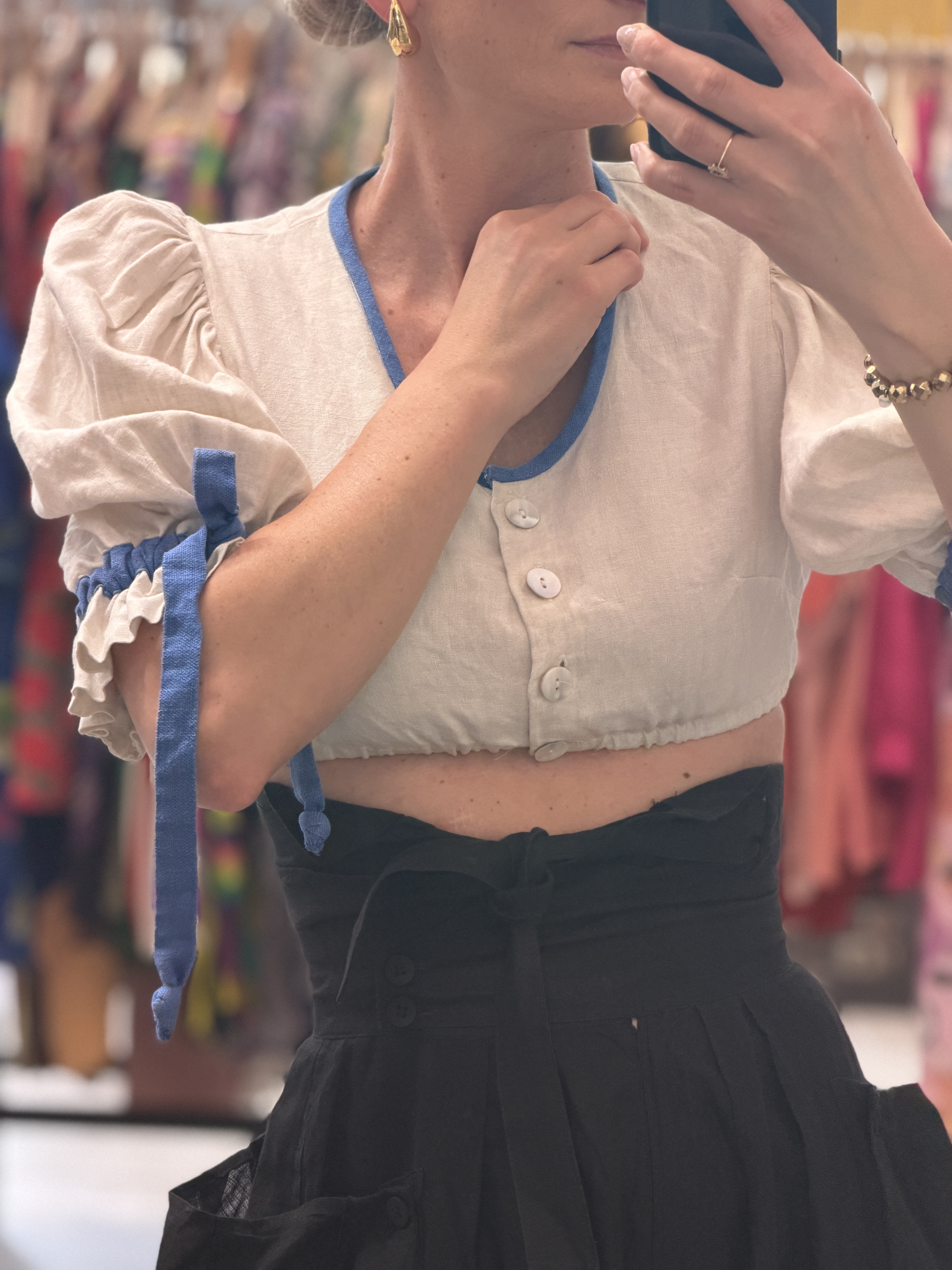 Lniana bluzka crop 100% len bufiaste rękawy wiązania S  (3)