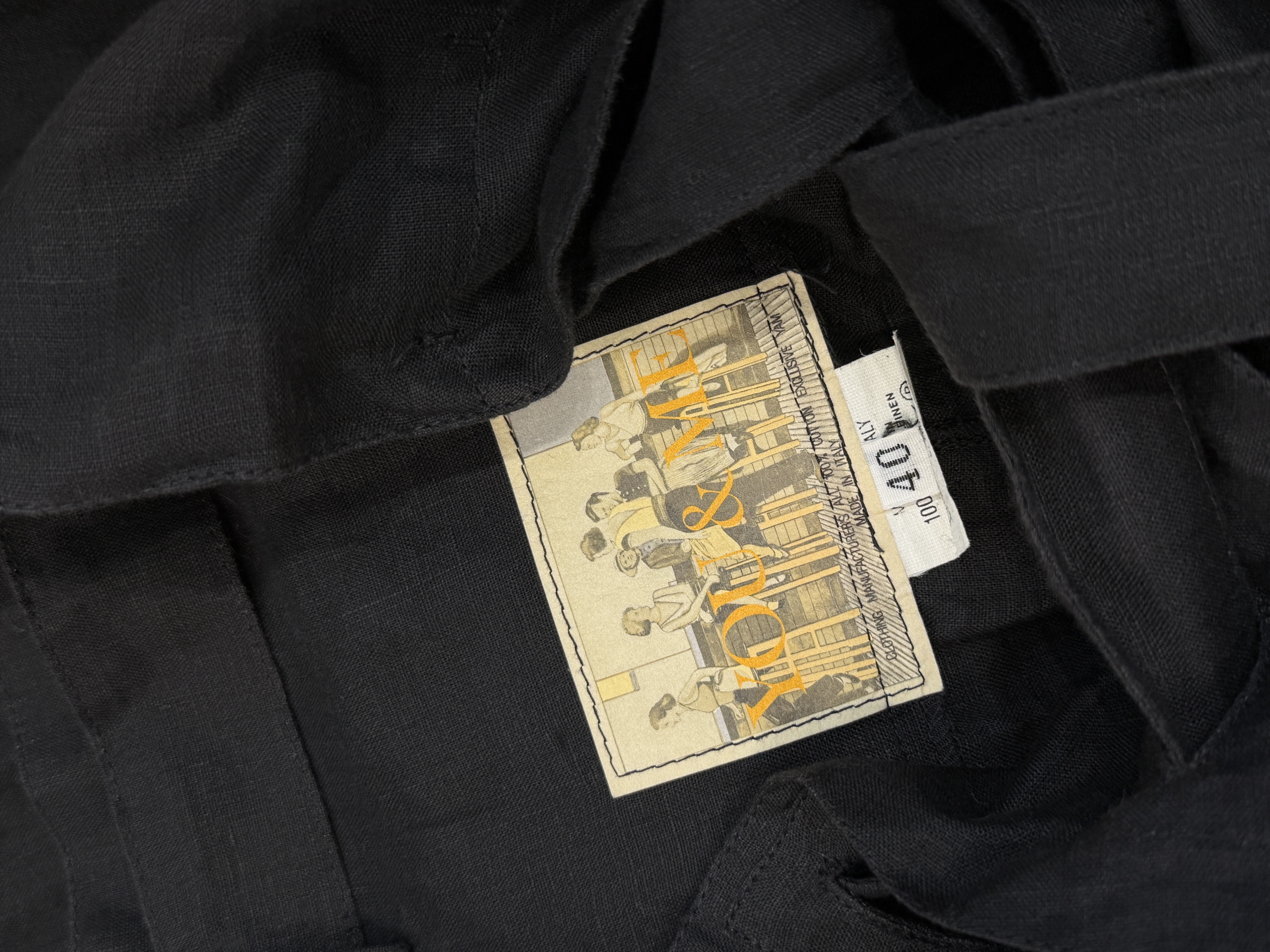Vintage włoskie spodnie 100% len wysoki stan cargo czarne XS S (8)