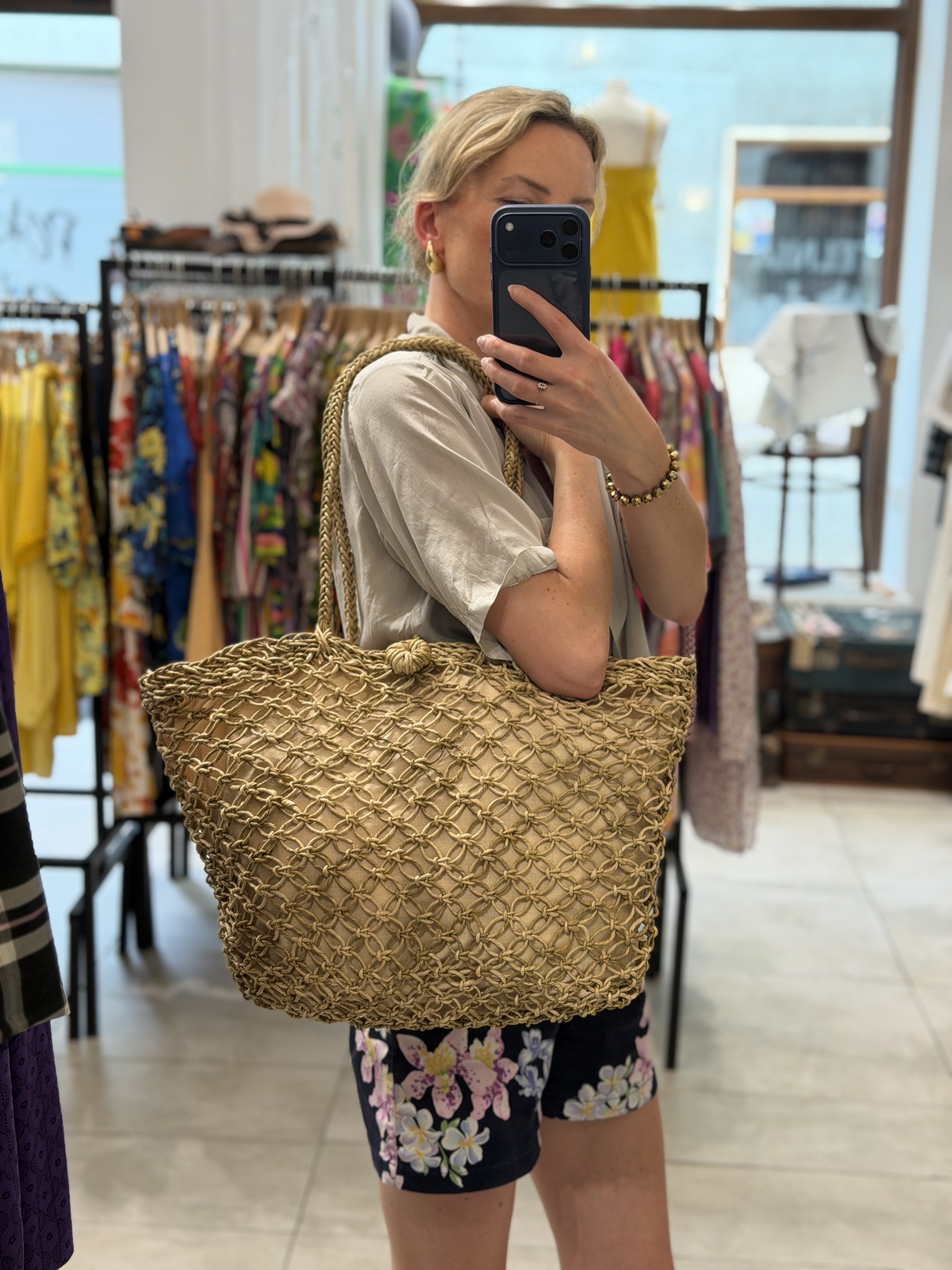 Duża pleciona torebka shopper Giovanna boho vintage beżowa