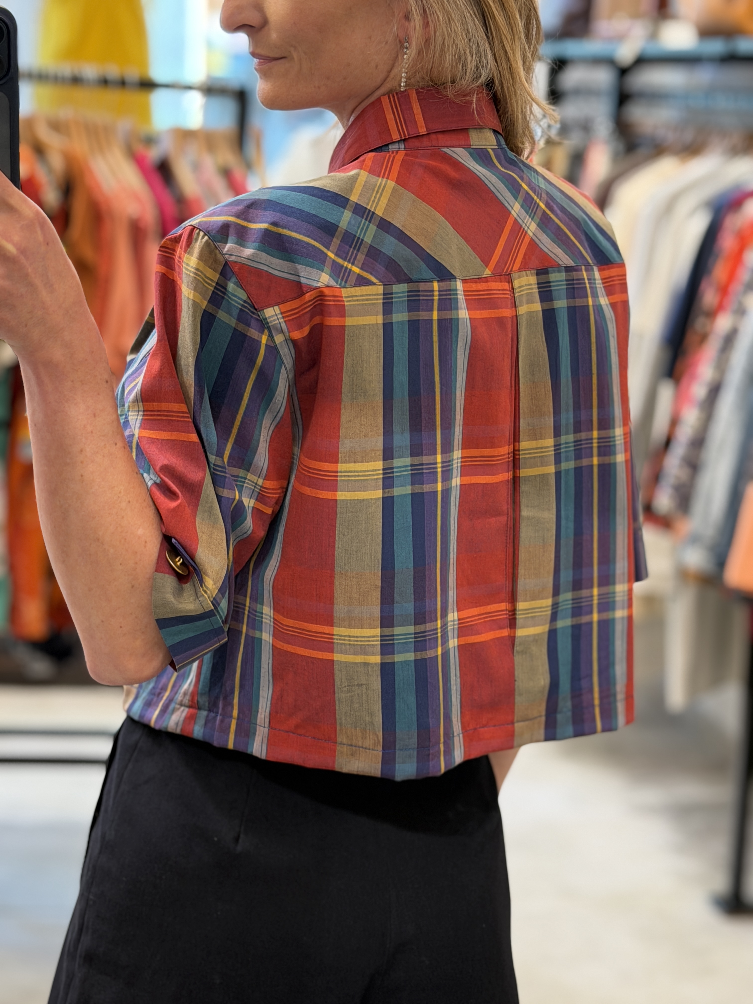 Markwald Vintage krótka koszula żakiet w kolorową kratę złote guziki M–XL (2)