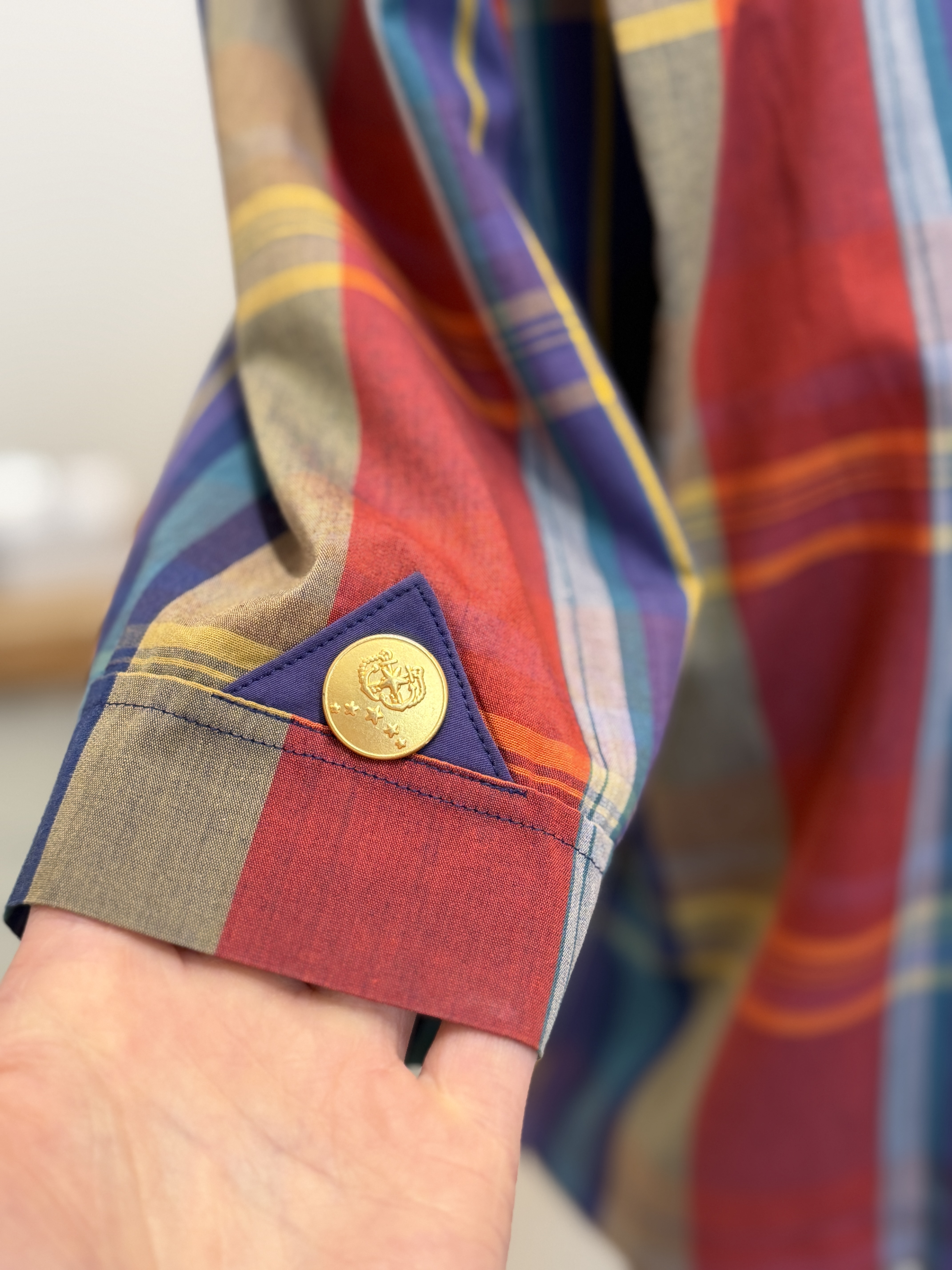 Markwald Vintage krótka koszula żakiet w kolorową kratę złote guziki M–XL (8)