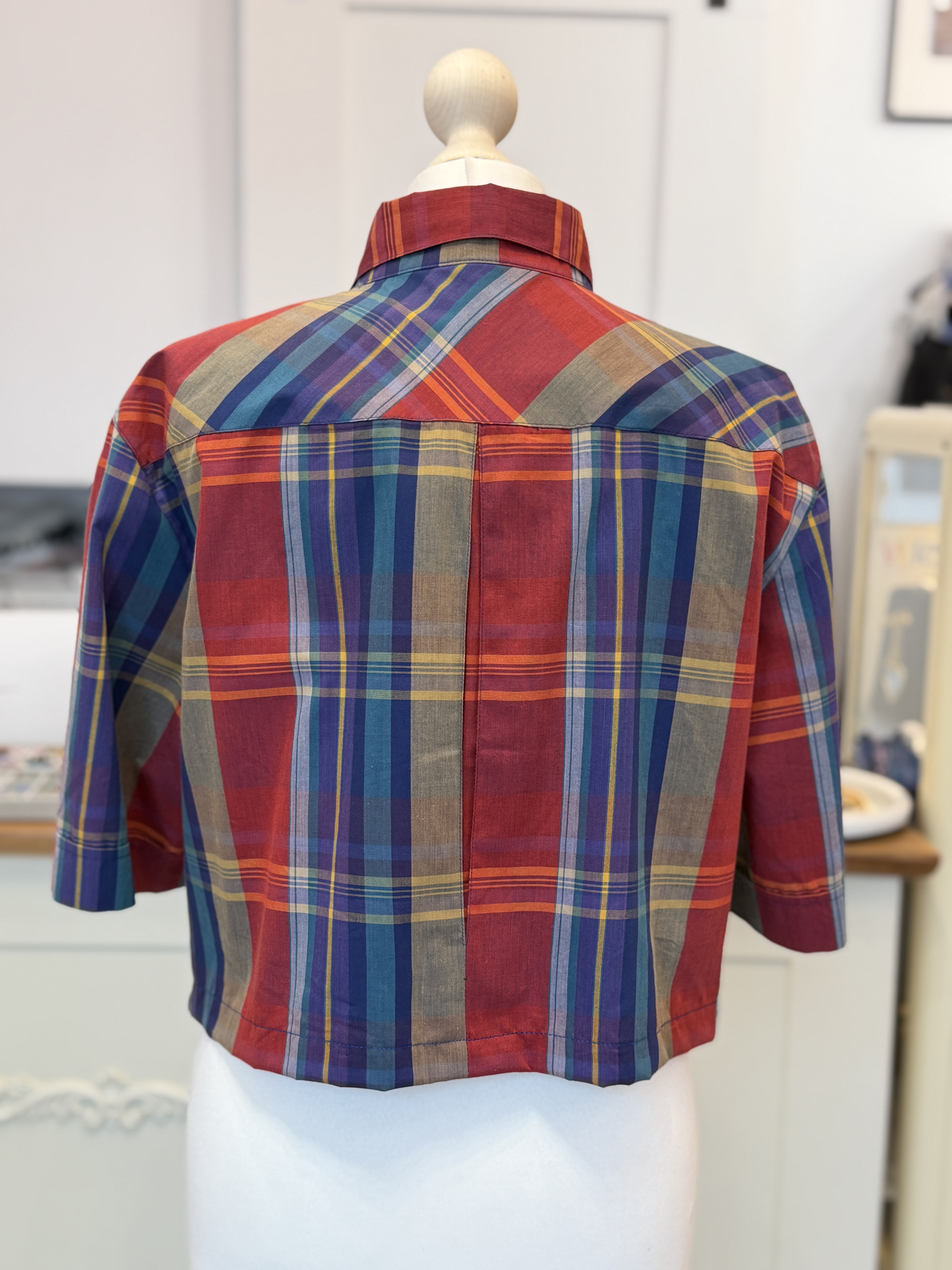 Markwald Vintage krótka koszula żakiet w kolorową kratę złote guziki M–XL (7)