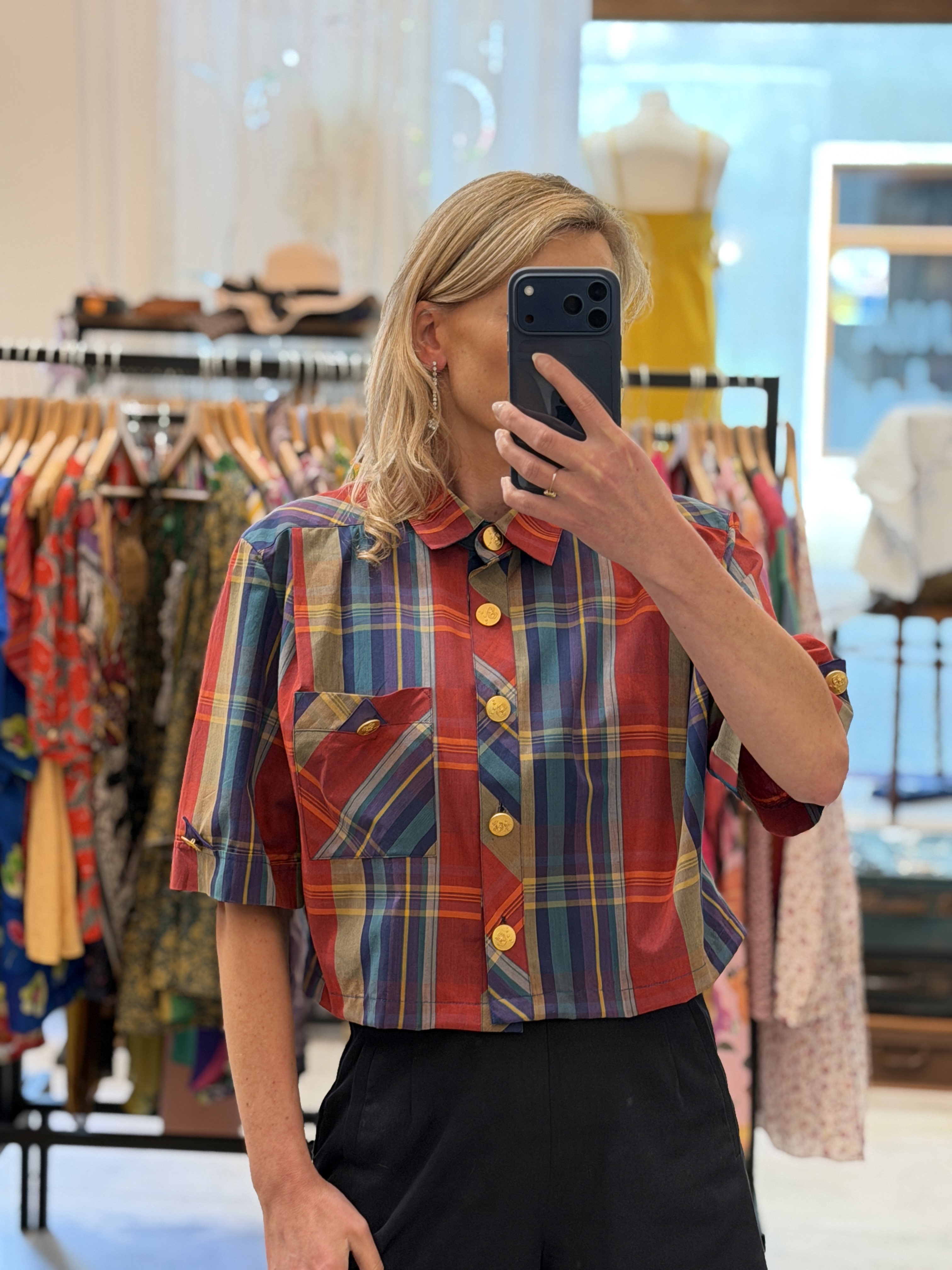 Markwald Vintage krótka koszula żakiet w kolorową kratę złote guziki M–XL