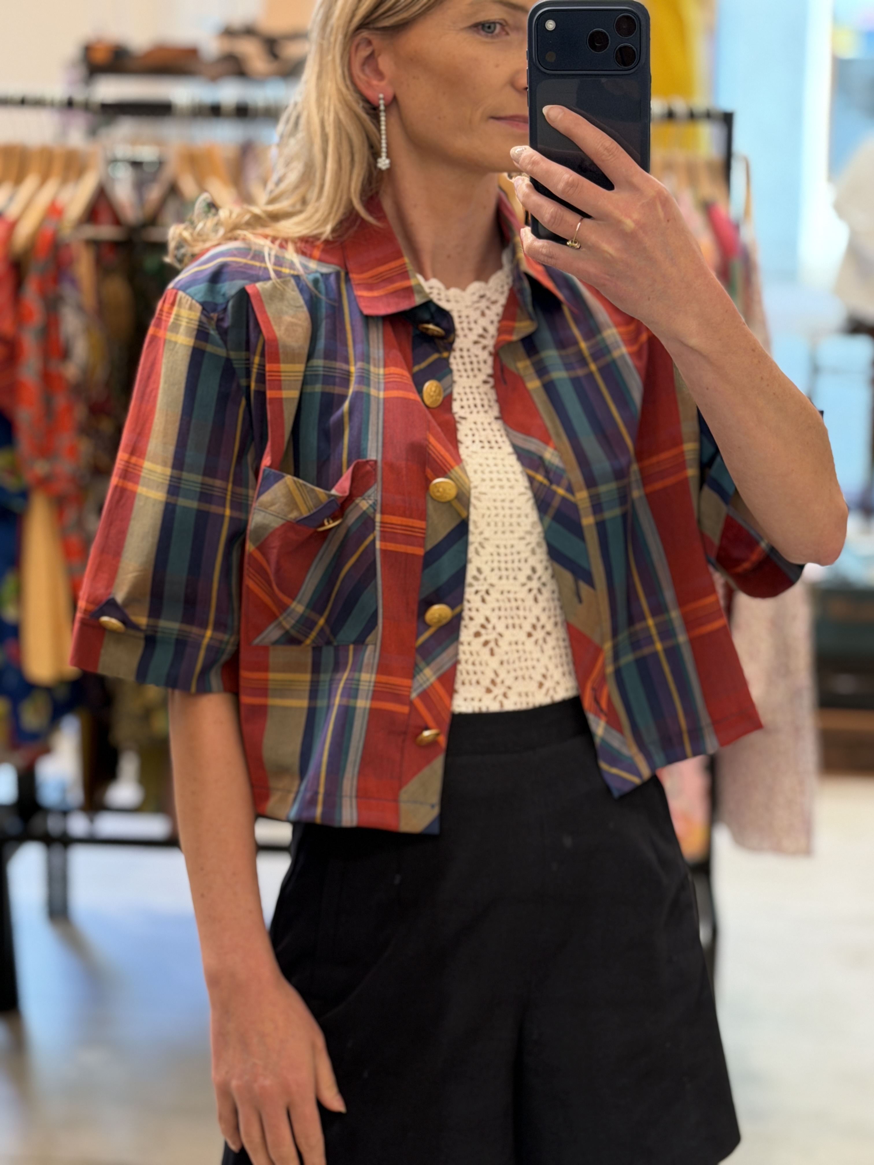 Markwald Vintage krótka koszula żakiet w kolorową kratę złote guziki M–XL (3)