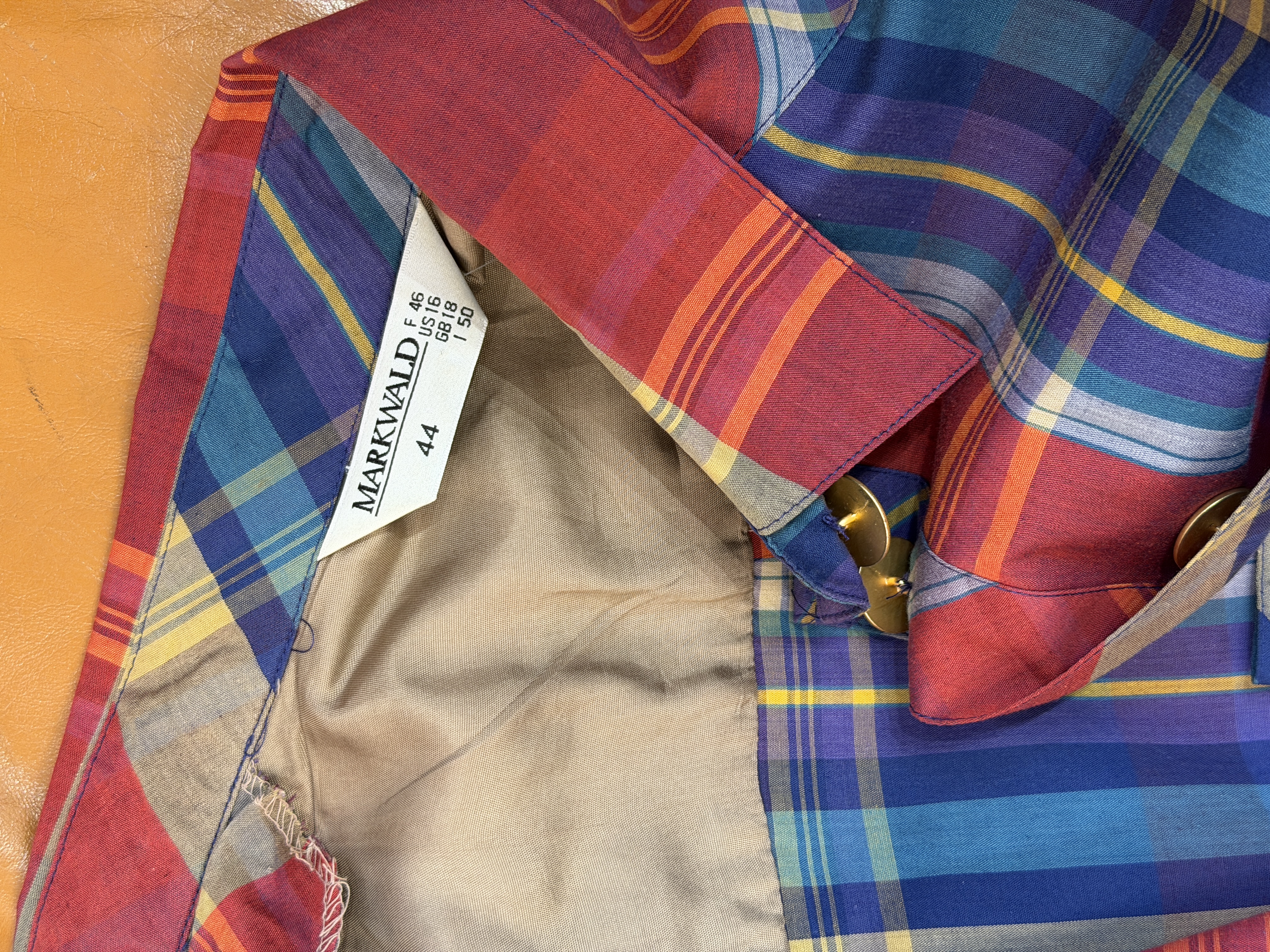 Markwald Vintage krótka koszula żakiet w kolorową kratę złote guziki M–XL (4)