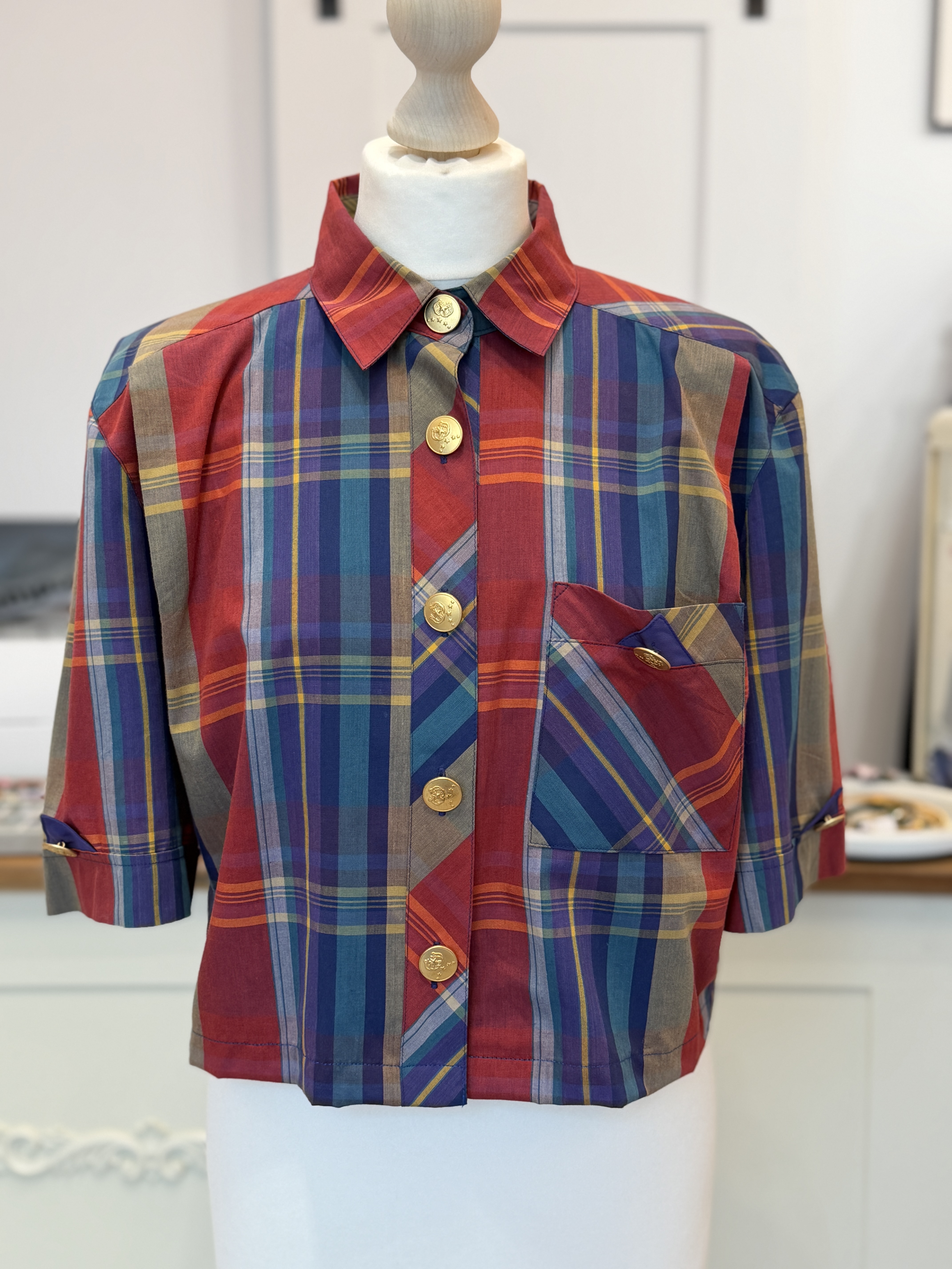 Markwald Vintage krótka koszula żakiet w kolorową kratę złote guziki M–XL (6)