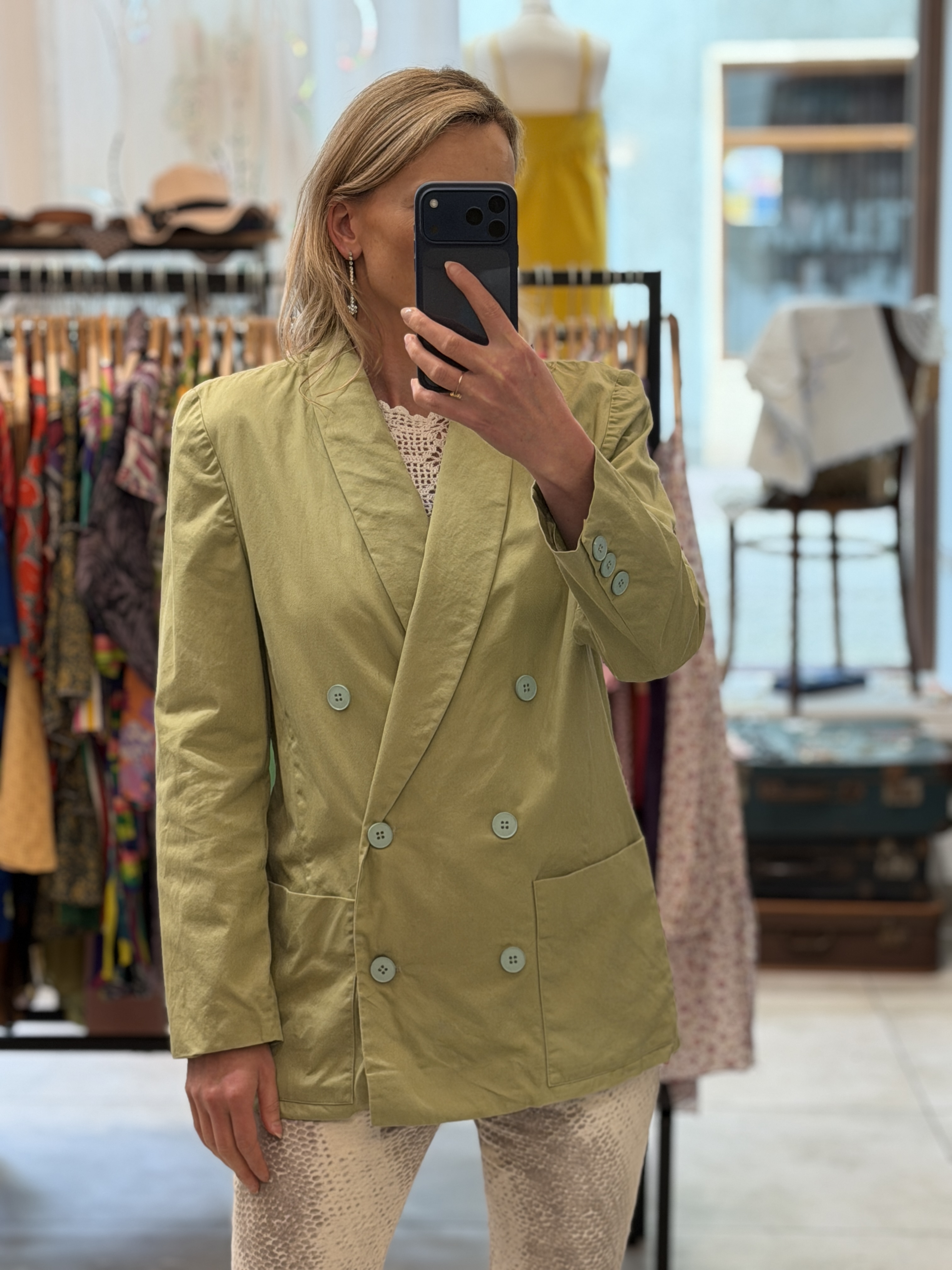 Włoska marynarka vintage oversize 100% bawełna oliwkowa dwurzędowa 42 (2)