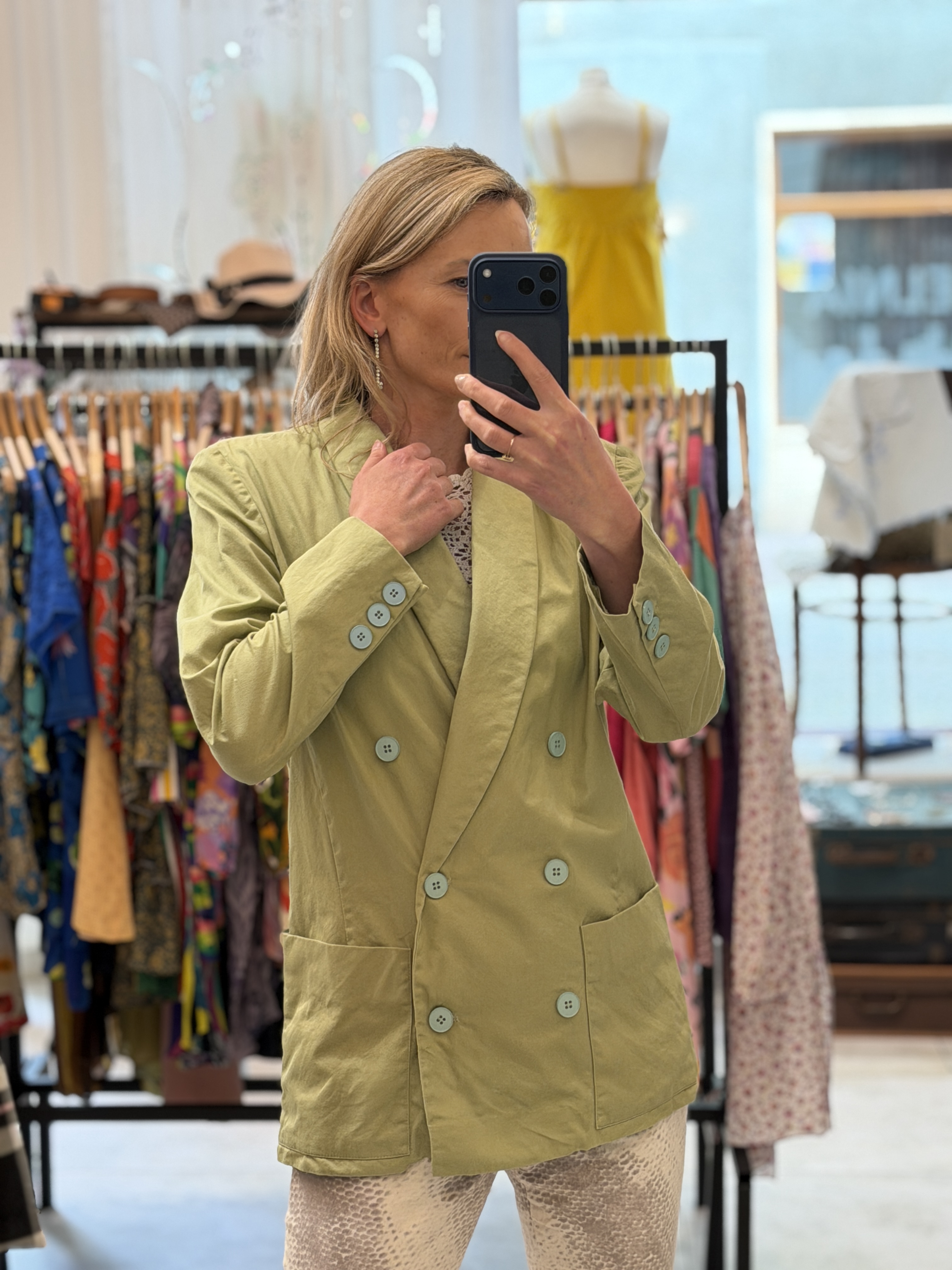 Włoska marynarka vintage oversize 100% bawełna oliwkowa dwurzędowa 42