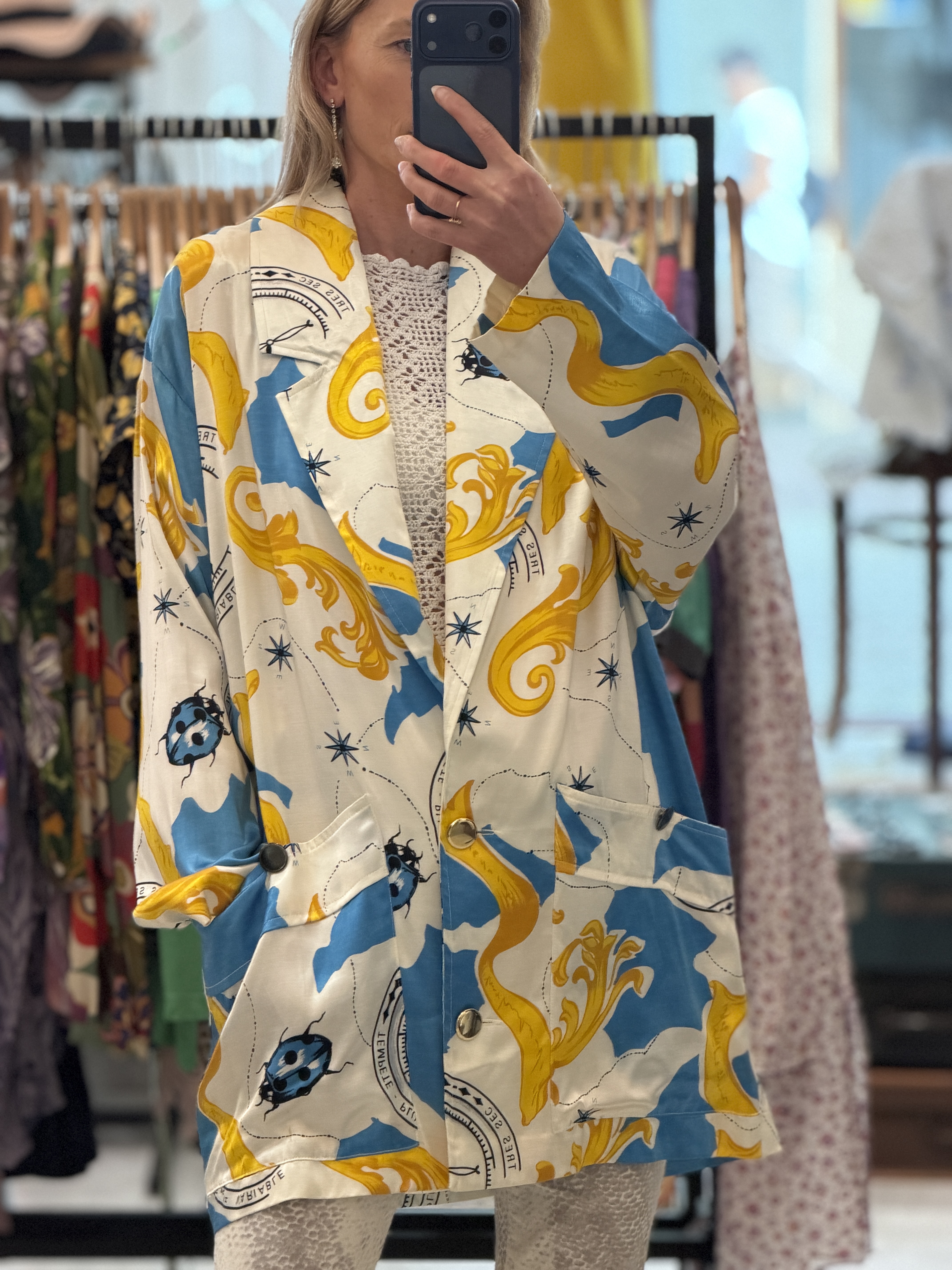 Marynarka vintage oversize satynowa artystyczny print mapa kompas barok