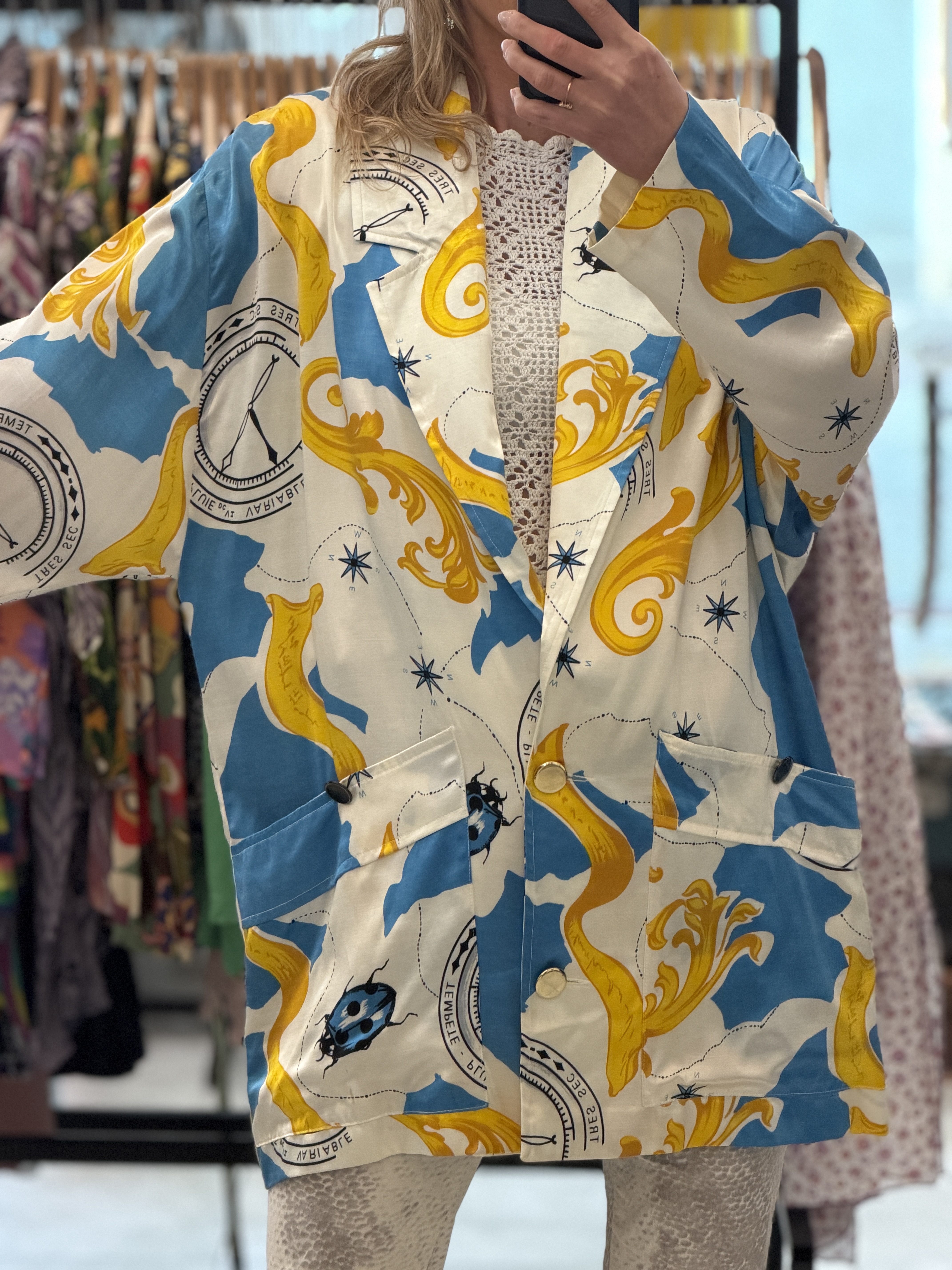 Marynarka vintage oversize satynowa artystyczny print mapa kompas barok (4)