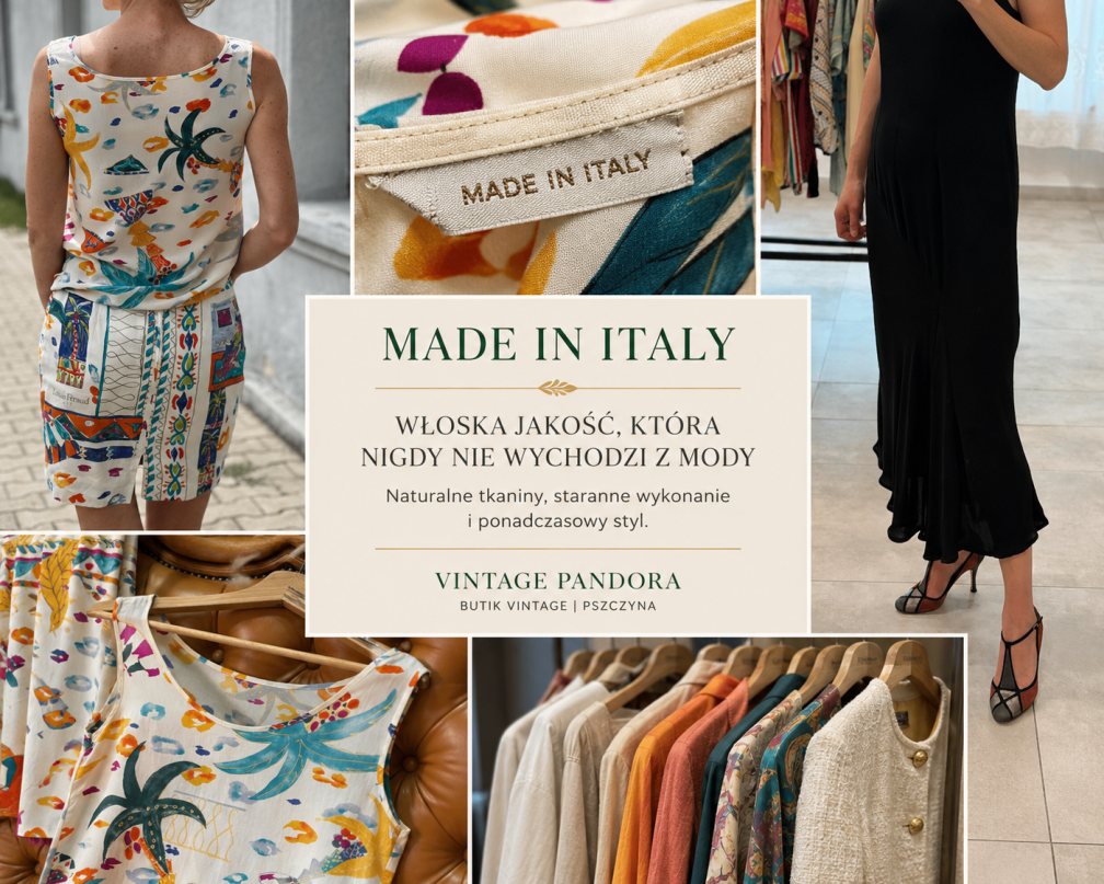 Modelka prezentująca oryginalny komplet Louis Féraud Made in Italy – wysokiej jakości włoska odzież vintage dostępna w Vintage Pandora.